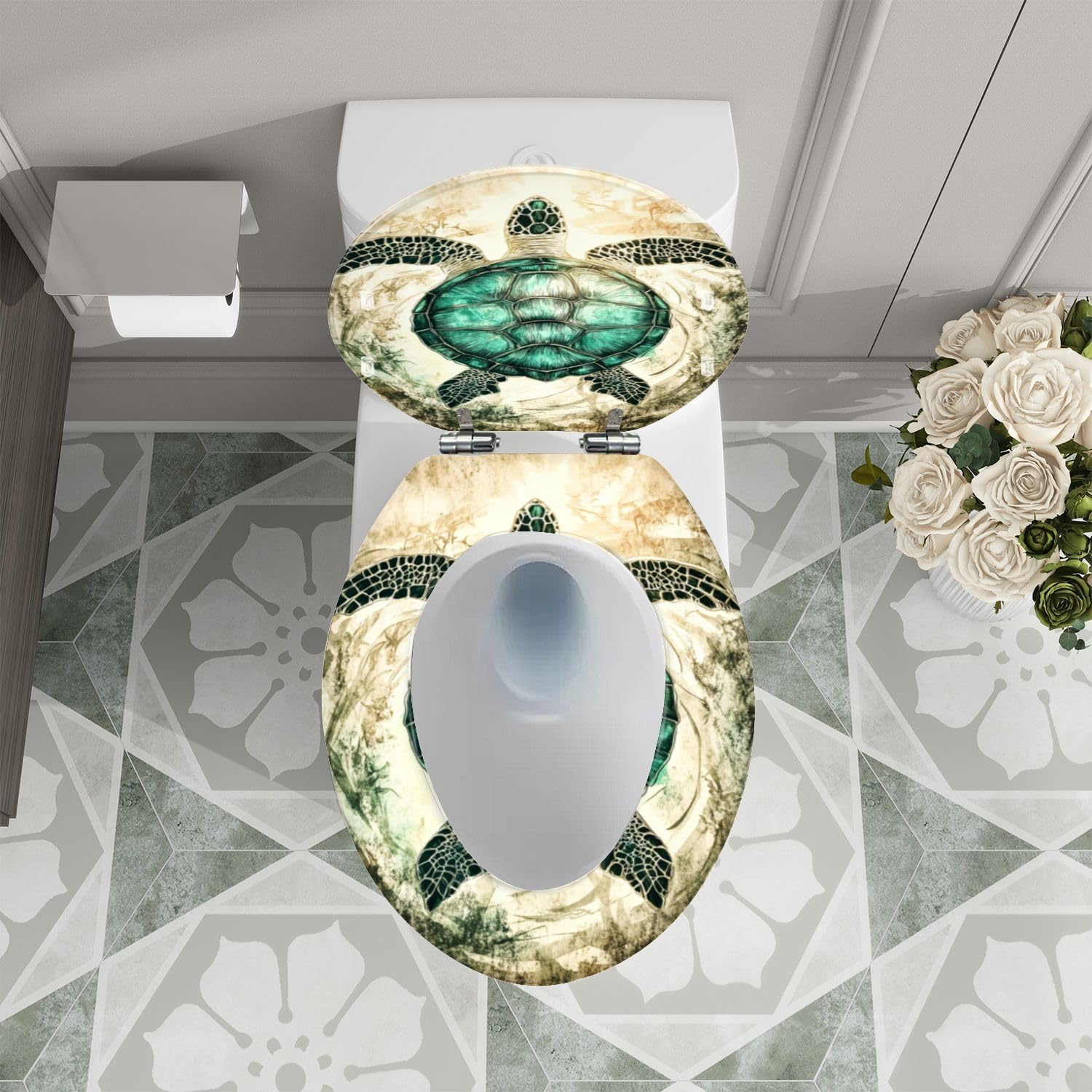Elongated Toilet Seat Teal Sea Turtle Navigating Coral Illustration Resin Toilet Seat Quietly Close Quick Release Hinges Decorative Toilet Seat with Cover Easy to Install