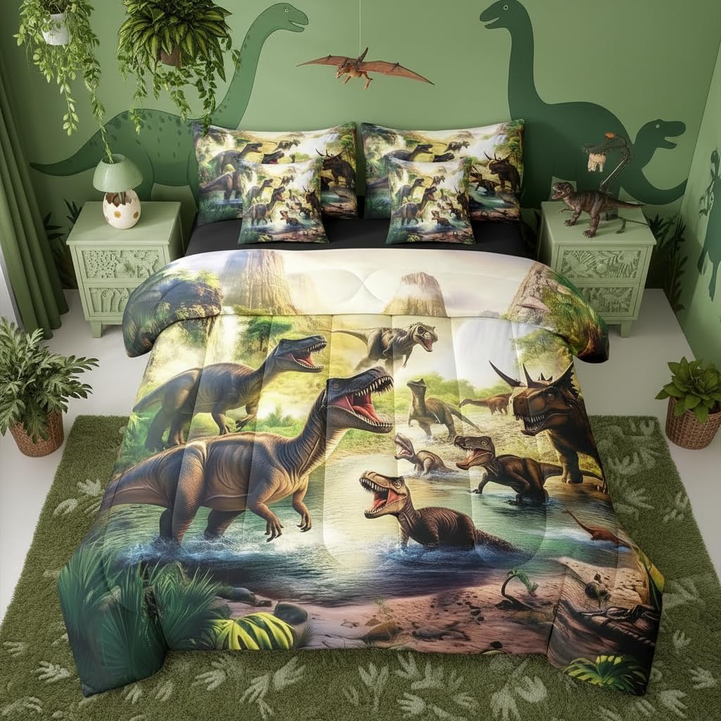 Erosebridal Dinosaur 7 Pieces Bedding Set Wild Animals Full Comforter Set for Boys Girls Kids | Jungle Hunting Bed in A Bag with Flat and Fitted Sheet Trees Botanical Bed Set