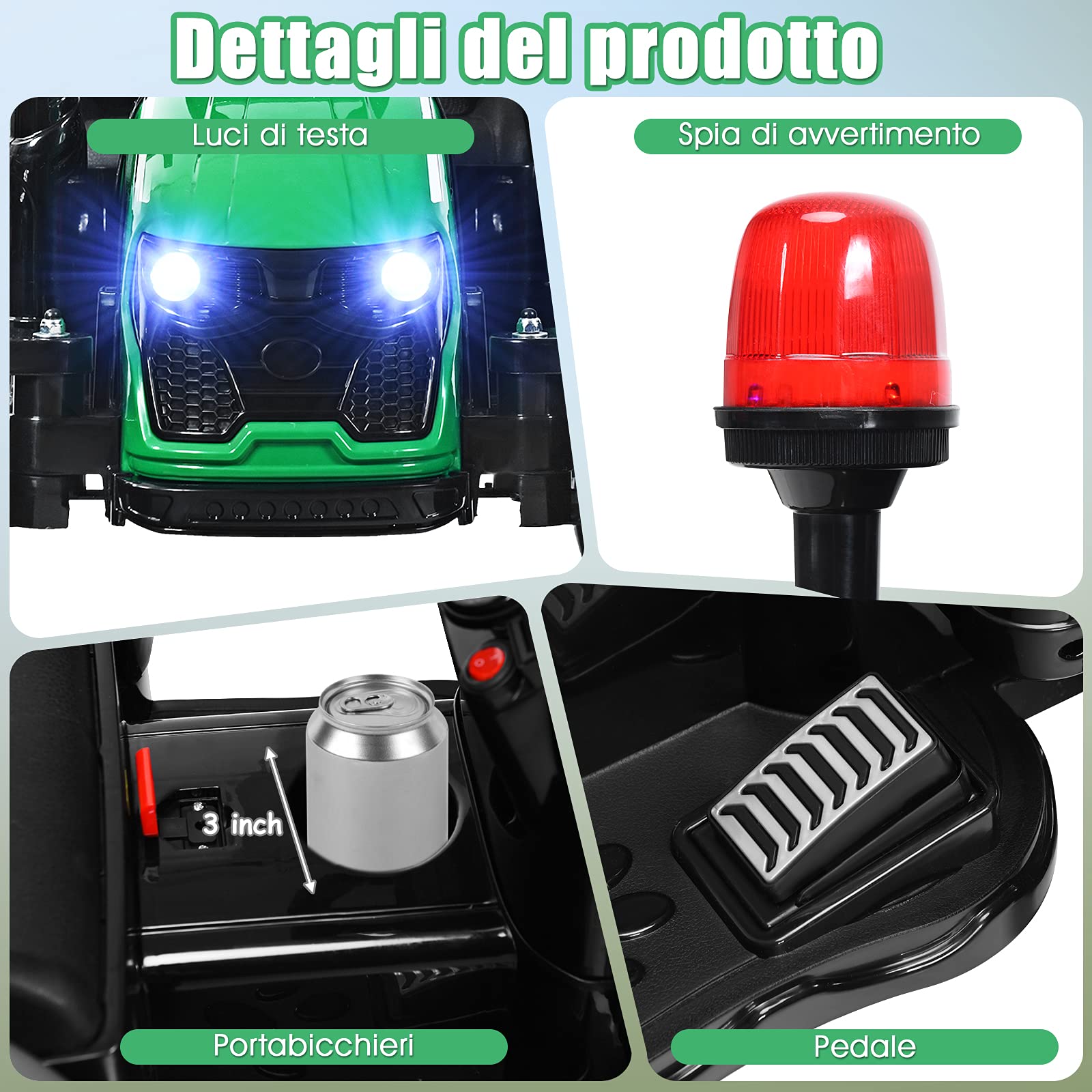 COSTWAY Trattore Elettrico per Bambini con Rimorchio, 2 in 1 Go Kart e Trattore per Bambini 3-8 Anni, con Telecomando e Cintura di Sicurezza a 2 Punti (Verde)