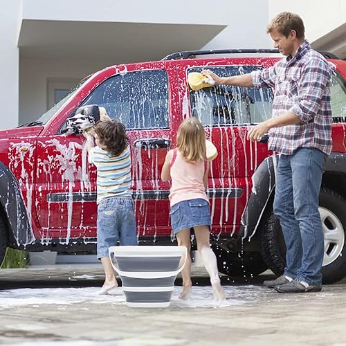 Miniatura 16 de Paquete de 2 cubos plegables pequeños, 1.4 galones/5 litros sin BPA, cubos de agua plegables para lavado de autos, campamento, playa, juego de Gris