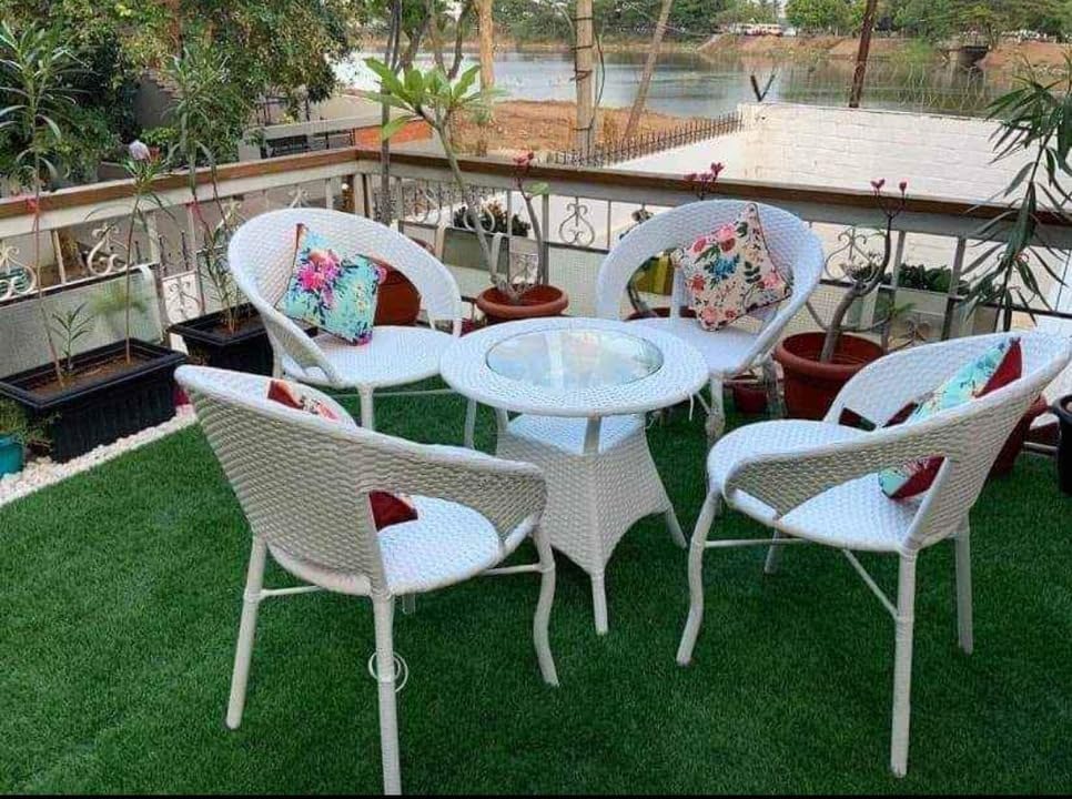 Handmade Wicker Patio Chair Set – Patio Furniture Set for Balcony Garden Indoor & Outdoor Table with Chair Combo Durable, Stylish, and UV-Protected (Black, 4+1), White-image-39