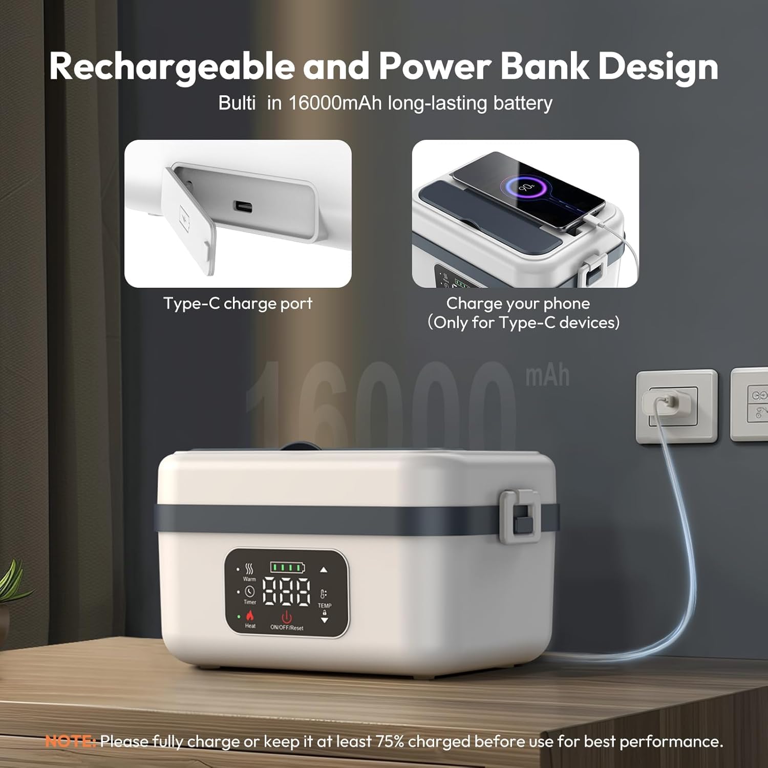 Gamelle Chauffante électrique Sans Fil 1L - Batterie 16000mAh, Chauffage Automatique, Minuterie - Pour Bureau, Pique-nique, Voyage