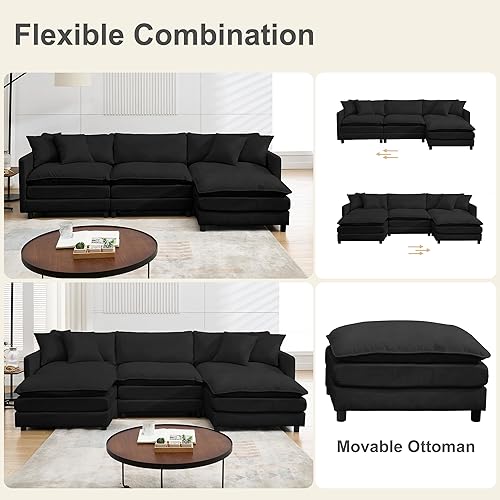Miniatura 30 de Sofá modular modular de pana de 108.27 pulgadas para sala de estar con 3 asientos, 1 otomana y 3 almohadas, cómodos sofás de nube con otomana móvil,