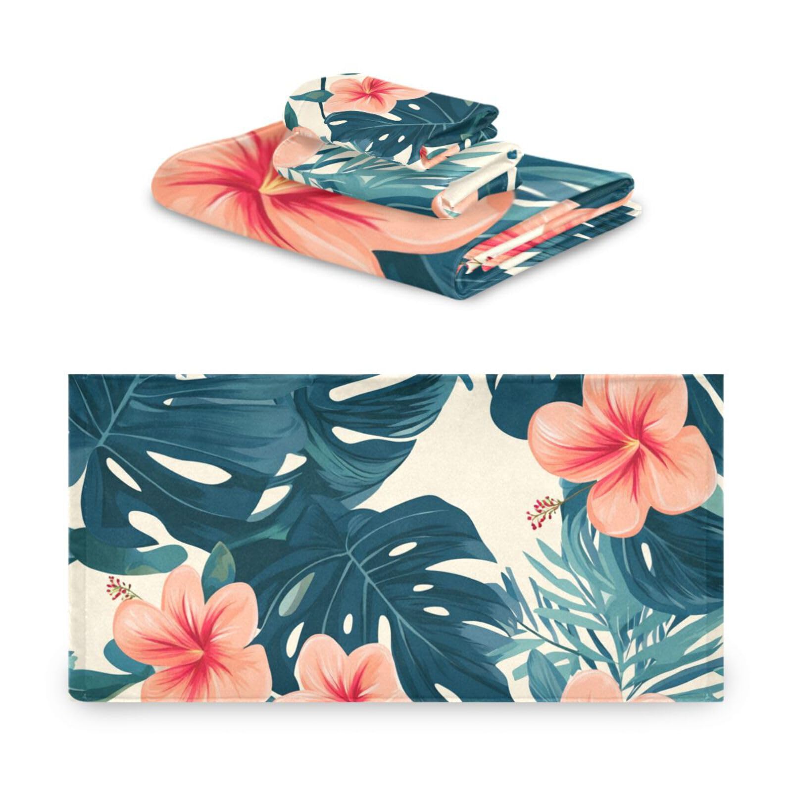 Set di 3 asciugamani per la pulizia del viso in stile tropicale con foglie verdi e fiori rossi, 1 asciugamano da bagno, 1 asciugamano per le mani, 1 panno per il viso del corpo