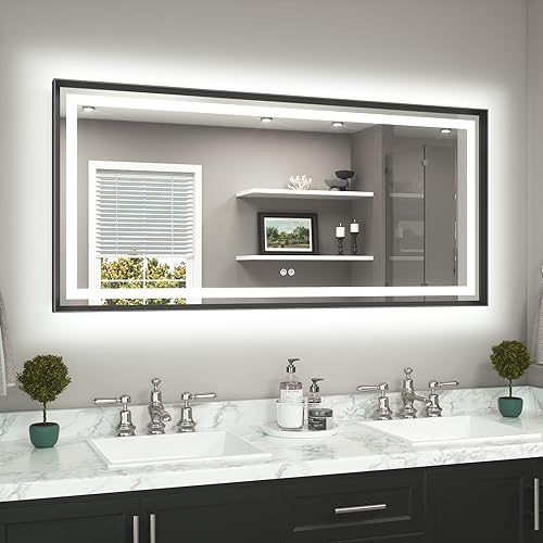 Miniatura 85 de TETOTE Espejo LED de baño de 24 x 32 pulgadas, marco de metal dorado cepillado frontal y retroiluminado, espejo de tocador antiniebla, regulable Oro