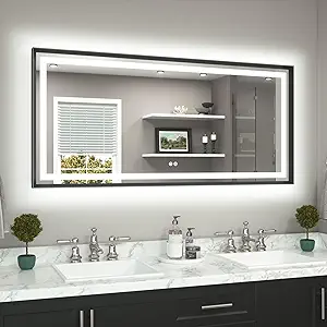 TETOTE 60 x 28 Large Bathroom Mirror Brushed Black Metal Frame Frontlit & Backlit Vanity Mirror 3 Colors White/Warm/Natural Stepless Dimmable Anti-Fog Bathroom Mirrors for Vanity Wall-Mounted