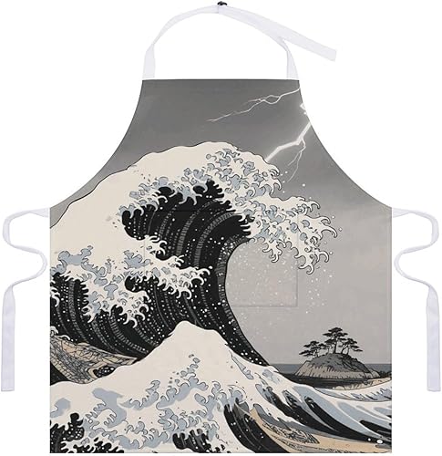 Miniatura 7 de MUSM Apron for Adults - 27.6 X 31.5 Inch, Heavy-Duty Polyester Aprons with Two Large Pockets, Waterproof Kanagawa Black Waves Kitchen Apron for