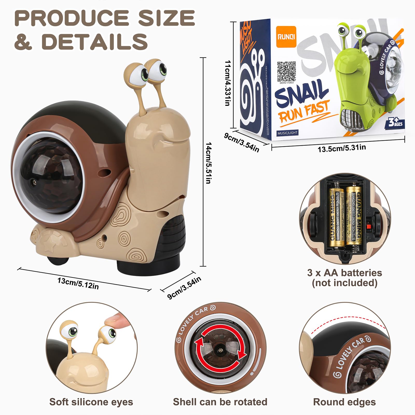 AUTOKAKUM Electric Snail Toy, Baby Toddler Luminous Snail Toy Cute Crawling Snail Toys with Music and Light Christmas Birthday Gifts for Boys Girls (Snail Brown)