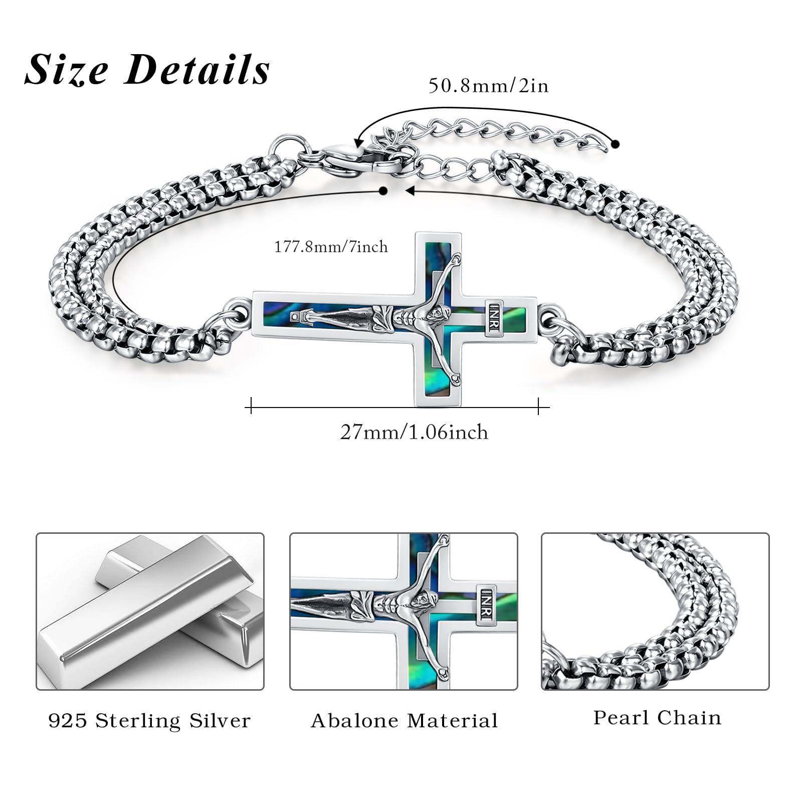 OHAYOO Bracciale a croce in argento sterling 925 con crocifisso, da uomo e da donna
