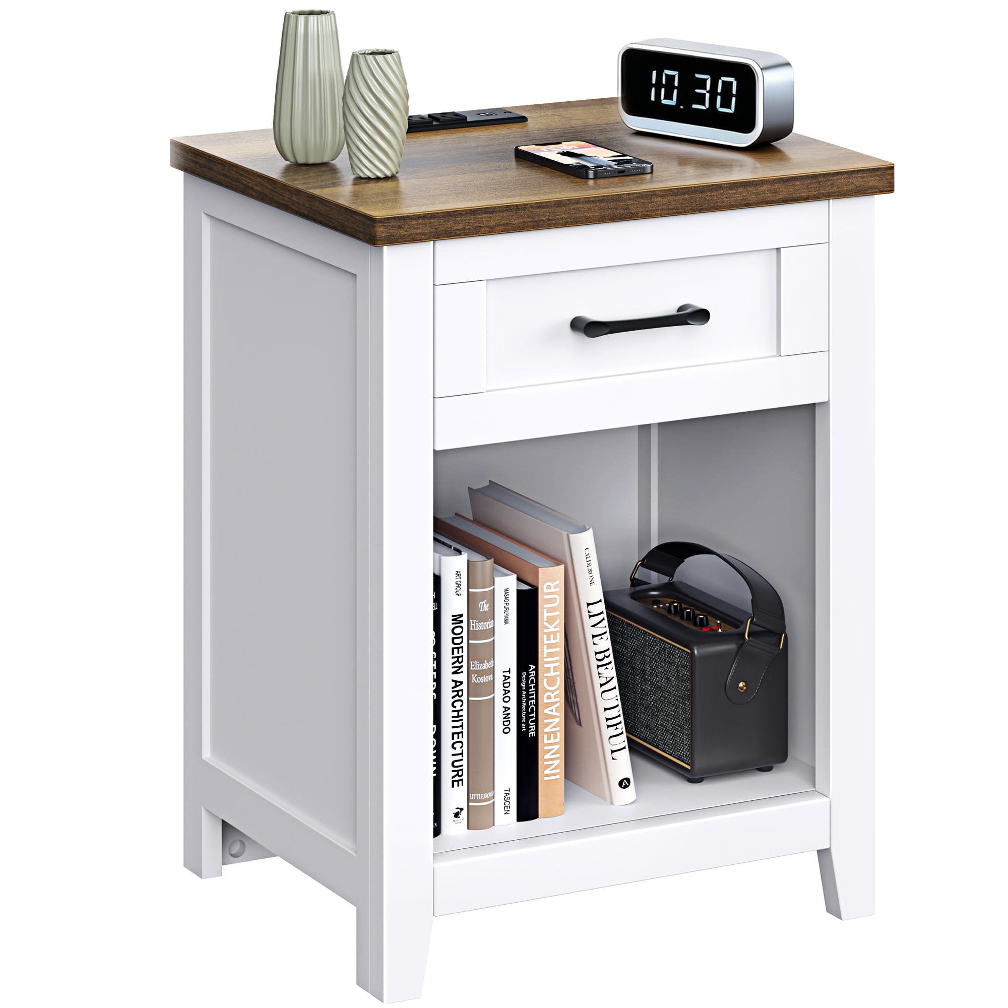Decofy Farmhouse Nightstand with Charging Station & Large Storage, Modern End Tables with Outlets, USB Ports and Type-C Ports, Easy Assembly for