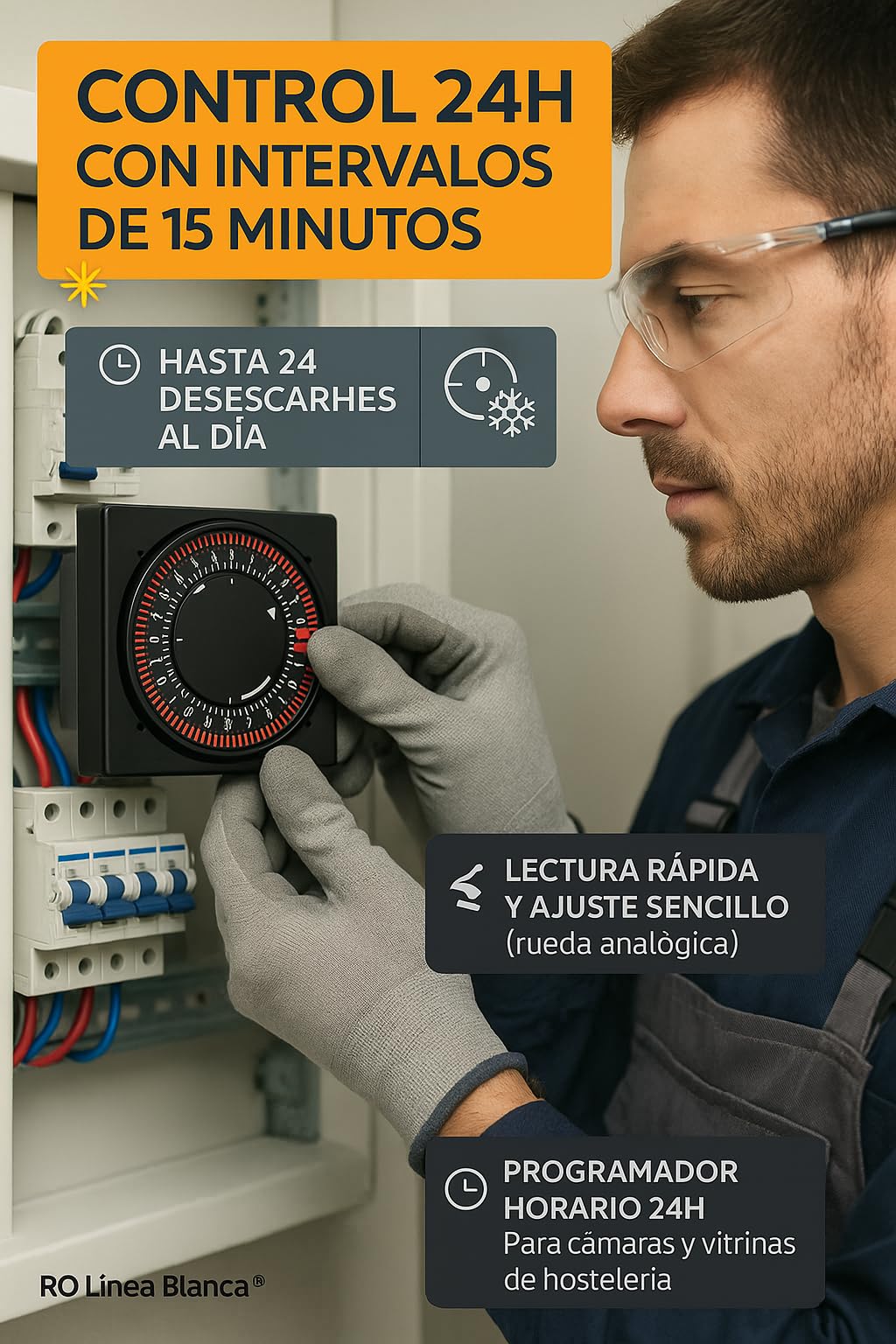 RO Linea Blanca ® Reloj Temporizador Programador Horario 24H Ciclo 15’ Desescarche 16A 230V Encastrable Con Tapa DCR24H Para Cámaras Frigoríficas Hostelería Frío Industrial Técnicos Mantenimiento