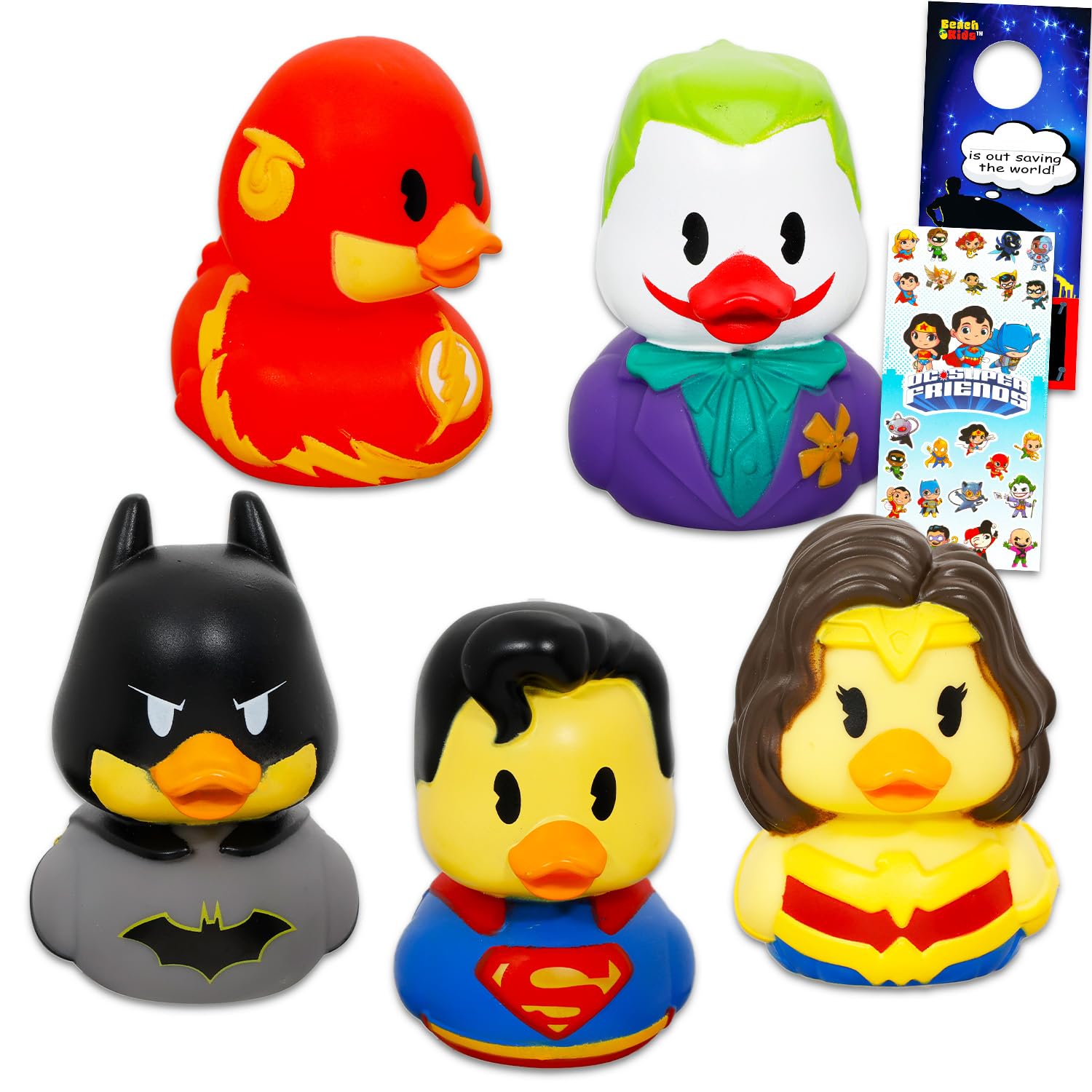 Justice League Duckaloos Collection Set - Bundle with 5 Rubber Duck Mini Figures for Kids, Adults Featuring Superman, Joker, Flash, Wonder Woman, Batman Plus Stickers, More | Collectible Duckalooz