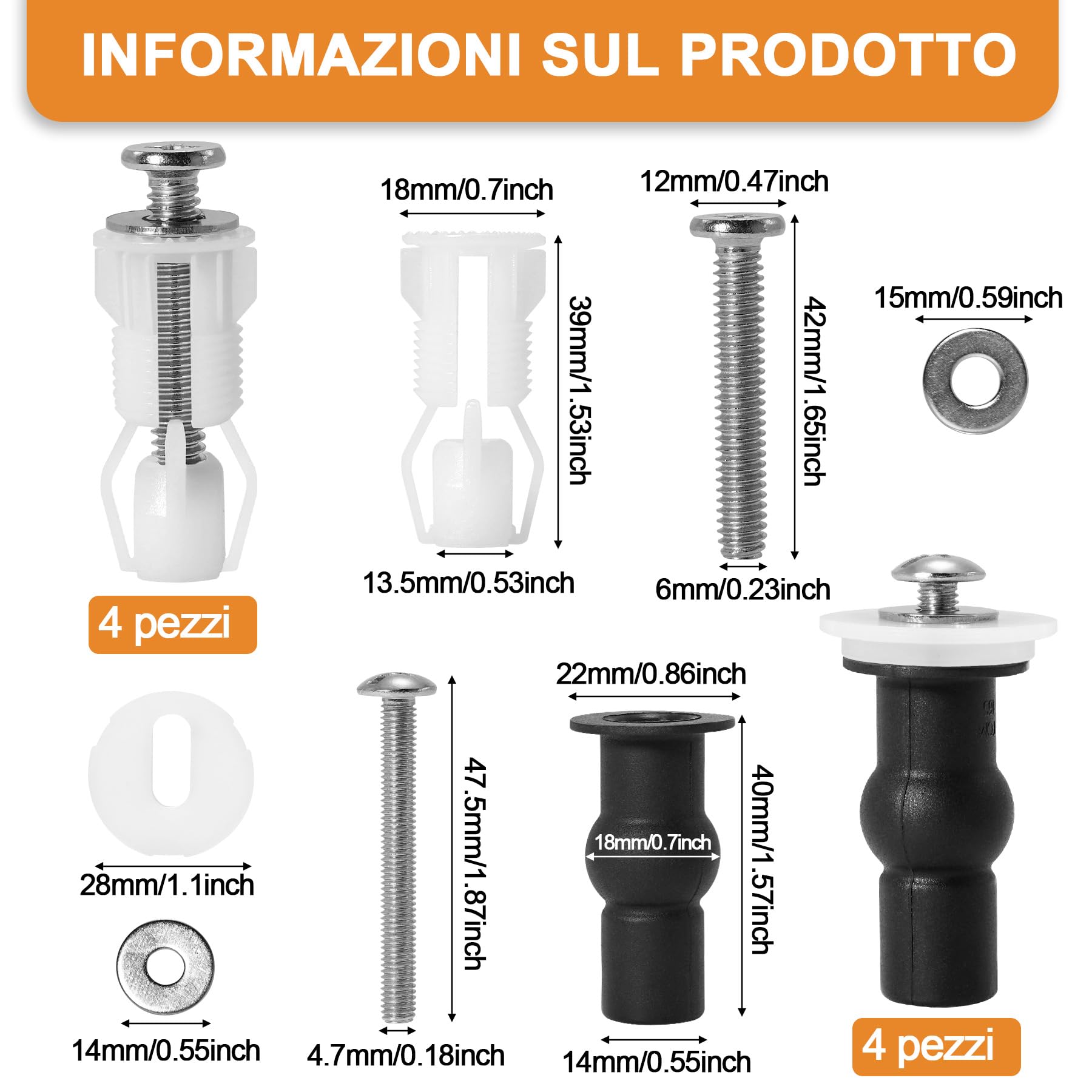 8 Pezzi Kit Fissaggio Universale per Sedile WC, Viti per Tavoletta WC con Gomma Espandibile e Acciaio Inox 304, Set di Ricambio per Cerniere Copriwater, Adatto per Fori 14-18mm - 3