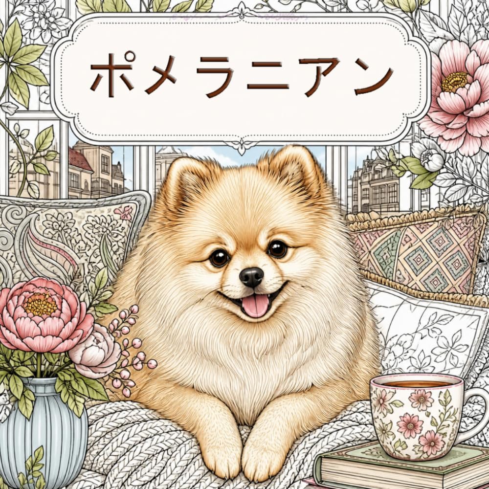 ポメラニアン ぬりえブック: ふわふわ犬たちのかわいくて癒されるデザイン – おうち・日常・自然のシーン
