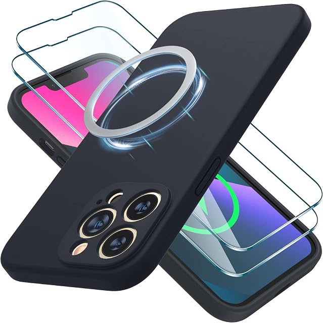 LK iPhone 13 Pro Max Case 6.7" Compatible with MagSafe, with 2 Pack Tempered Glass Screen Protector, Liquid Silicone iPhone 13 Pro Max Cover, [Full Body] [Scratchproof] [Mil-grade Protection], Black