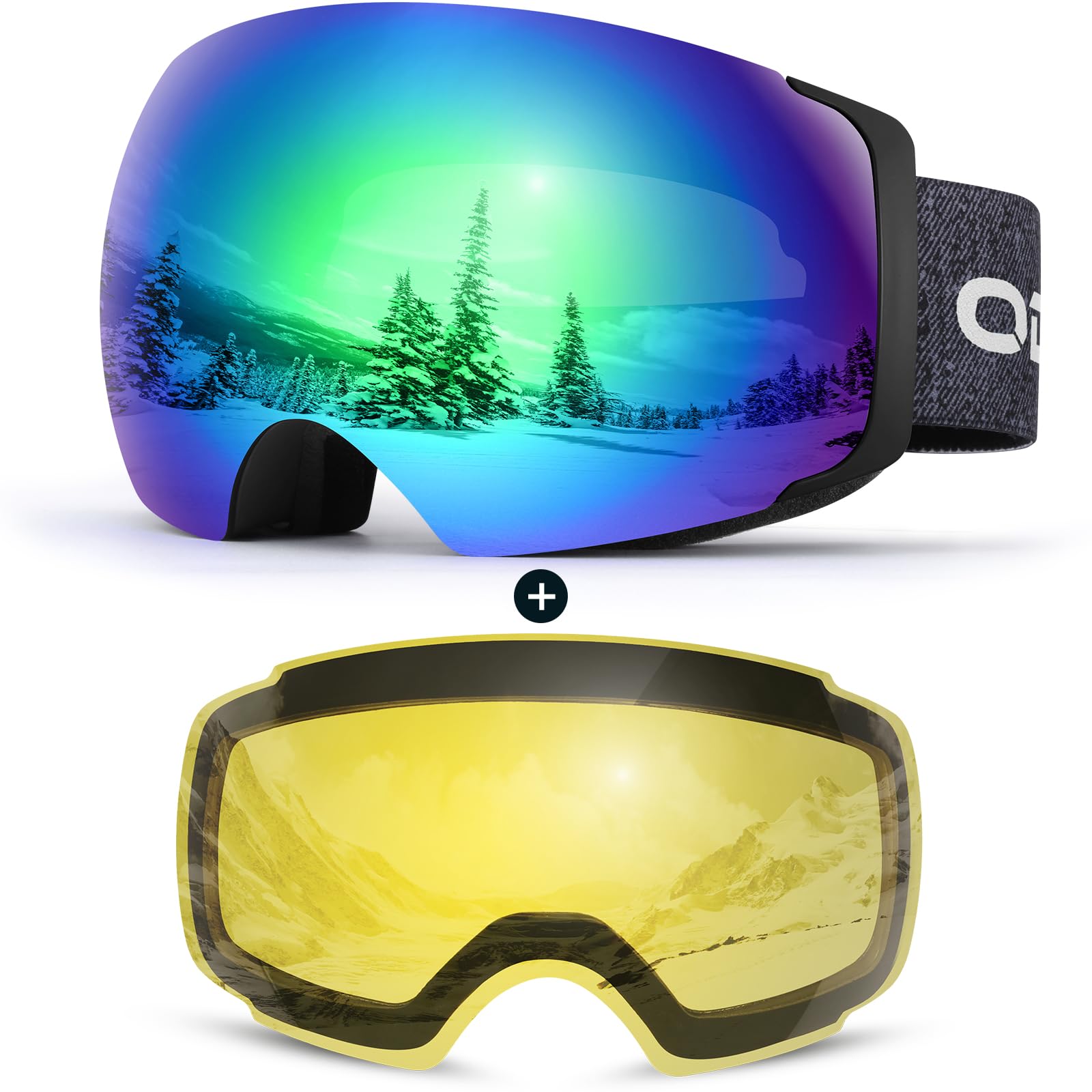 Odoland Ski Goggles, OTG and UV Protection Snowboard Goggles with Magnetic Interchangeable Lens for Men & Women
