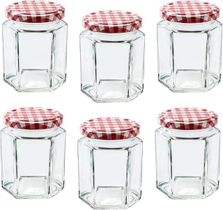 Offer Shop Glass Jam Jars with Red Gingham Lid & Labels - 280ml / 9oz Hexagonal Storage Glass Jars | Clear Airtight Jar for Kitchen Spices Honey or Sweets - 6 Set