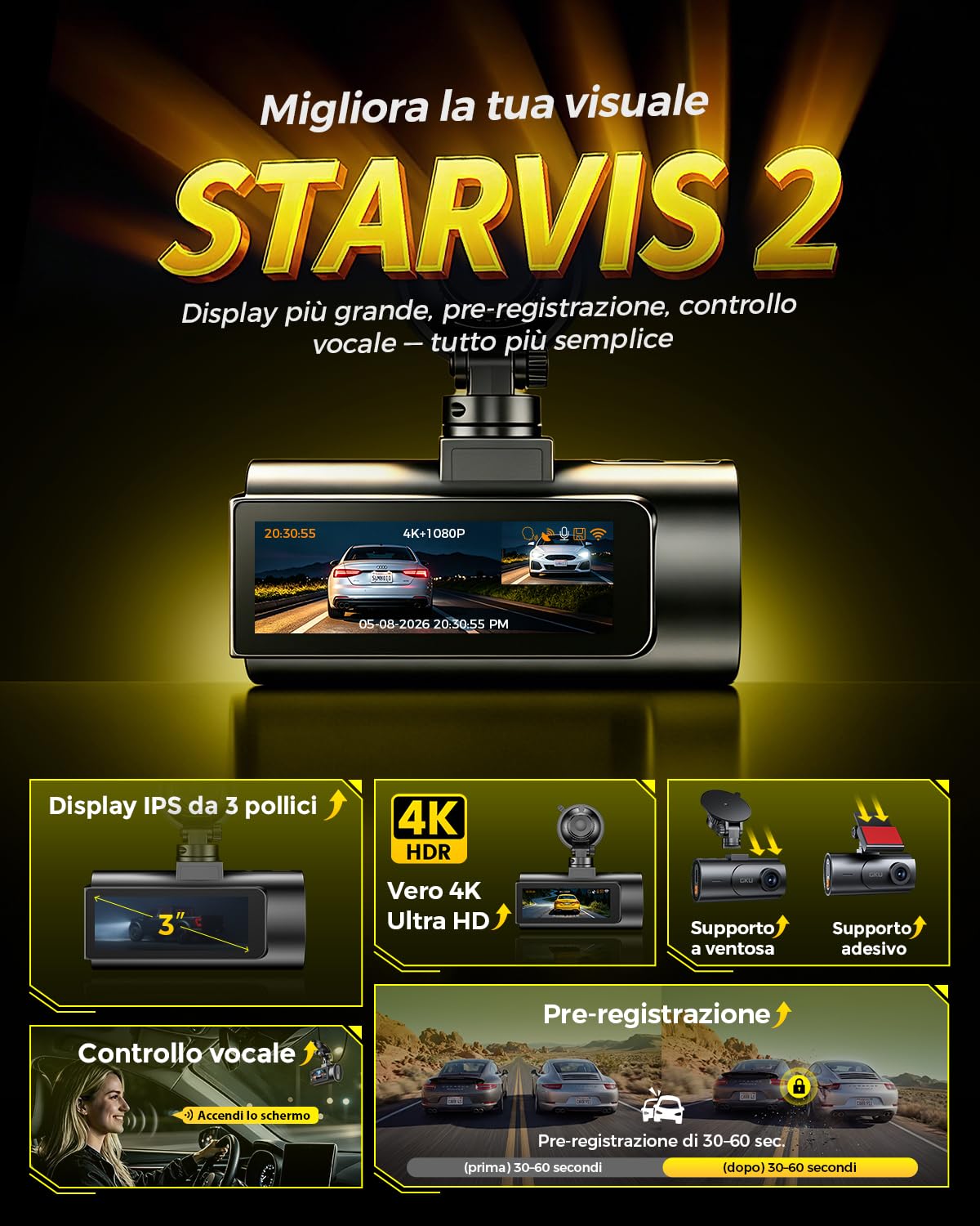 GKU Dashcam Auto Anteriore Posteriore 4K con STARVIS 2, Dash Cam Auto | 3" Schermo IPS, WiFi 6, GPS, registrazione loop, registrazione pre-collisione, supporta 512 GB Max