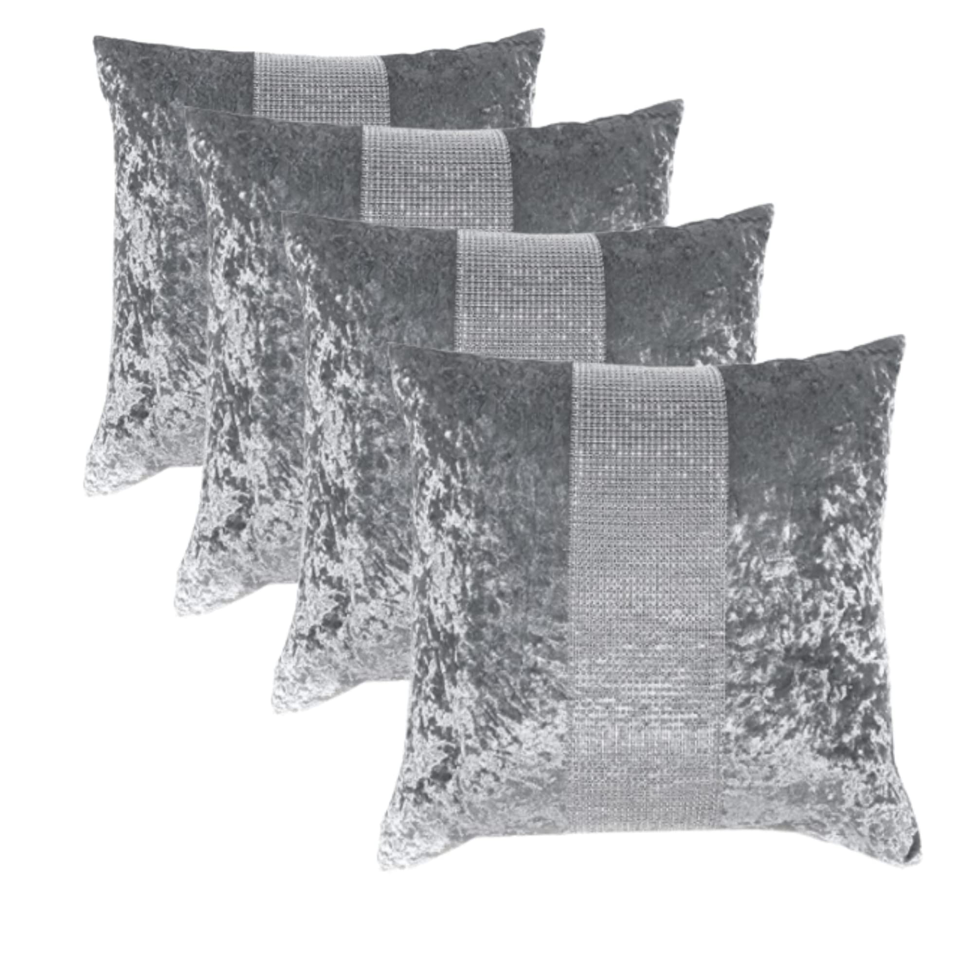 Super Soft Decorative Luxurious Diamante Sparkle/Bling Crushed Ice Velvet Square Cushion Cover for Living Room Sofa Couch Bed 45cm x 45cm 18x18 Inches (Pack of 4 - Silver Grey)