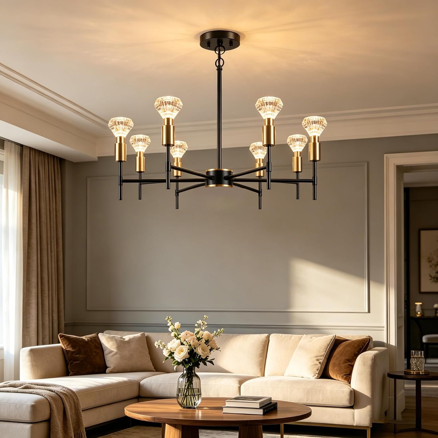 6 Light Black Imitation Crystal Chandelier, Modern Vintage Farmhouse Flush Mount Ceiling Pendant Light for Kitchen Island Dining Room Entryway Foyer Home Décor