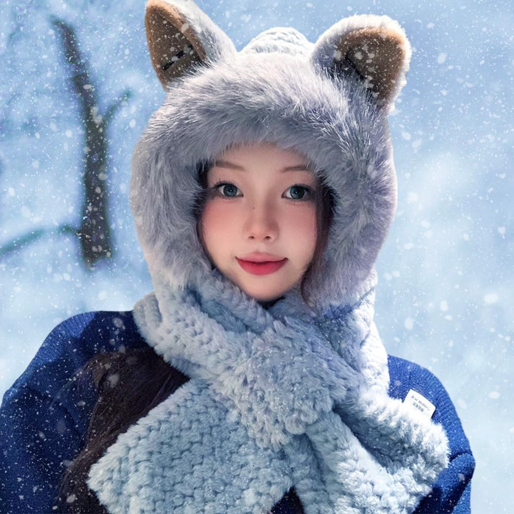 Bonito gorro y bufanda 2 en 1 2025, protección integrada para los oídos, bufanda resistente al viento, gorro cálido de invierno para mujer