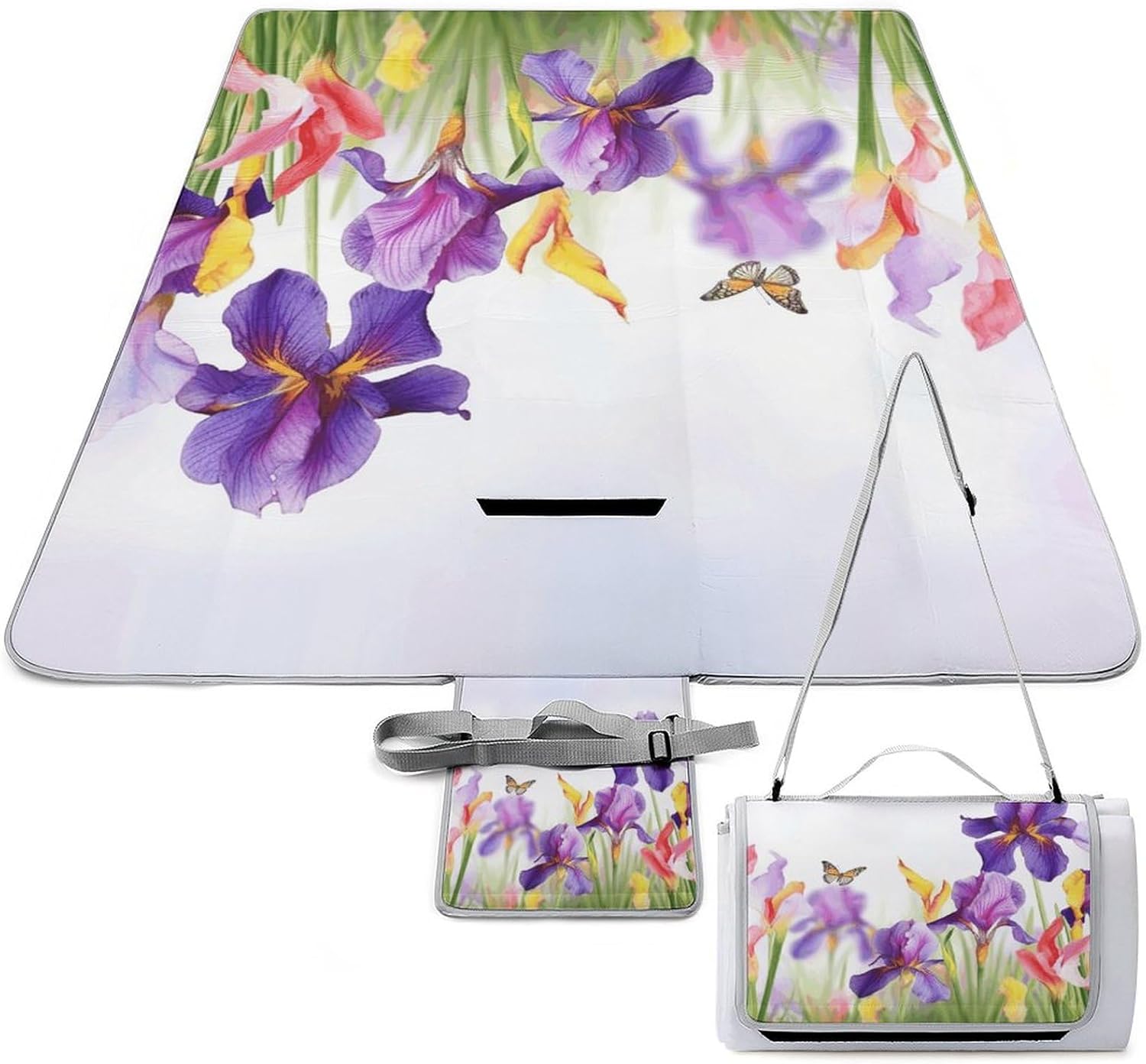 Outdoor Picnic Blanket,Iris Flower Butterfly Print Picnic Blankets,Large Beach Blanket Sand Free Foldable Portable Camping Blanket