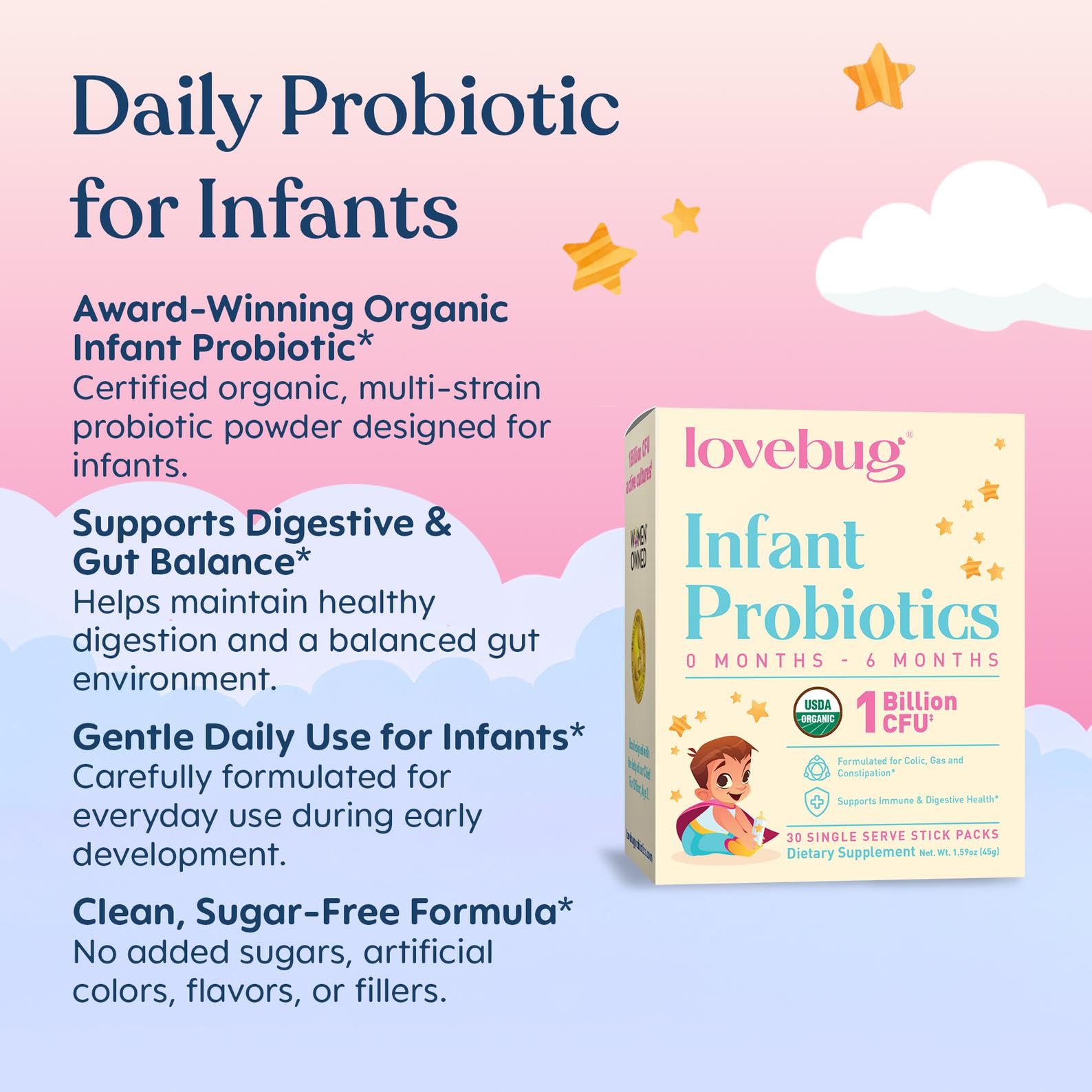 Lovebug Organic Infant Probiotic Powder, Newborn Gas & Colic, 30 Count — Amazon image 3