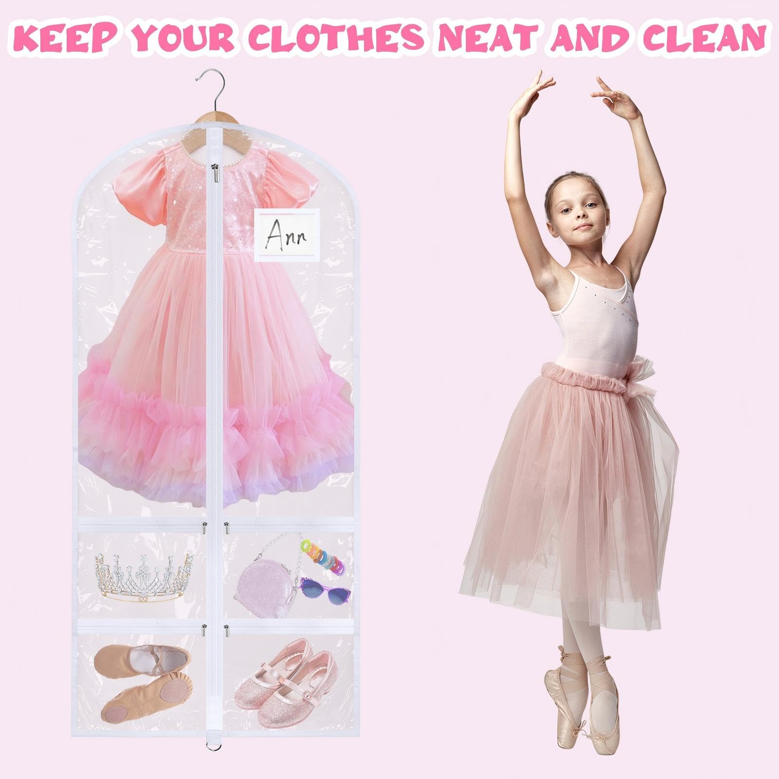 14 bolsas de ropa para disfraces de baile, PVC transparente con cremalleras, bolsa de trajes de 61 x 127 cm, bolsa con bolsillos, organizador de disfraces de baile para funda de
