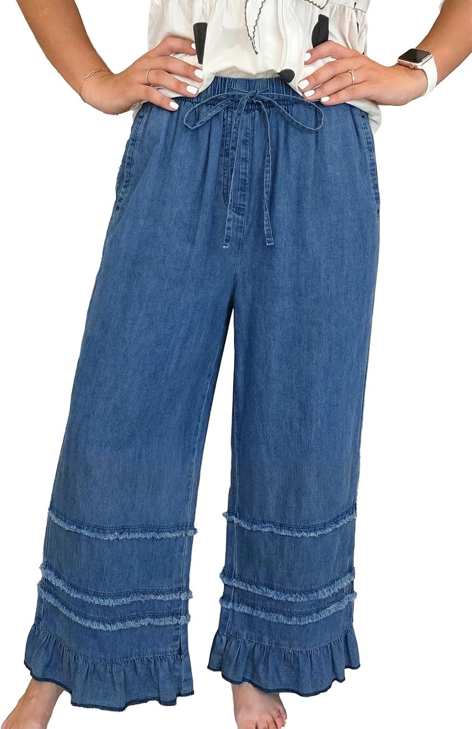 Astylish Wide Leg Jeans for Women Stretch High Wasited Ruffle Hem Pants