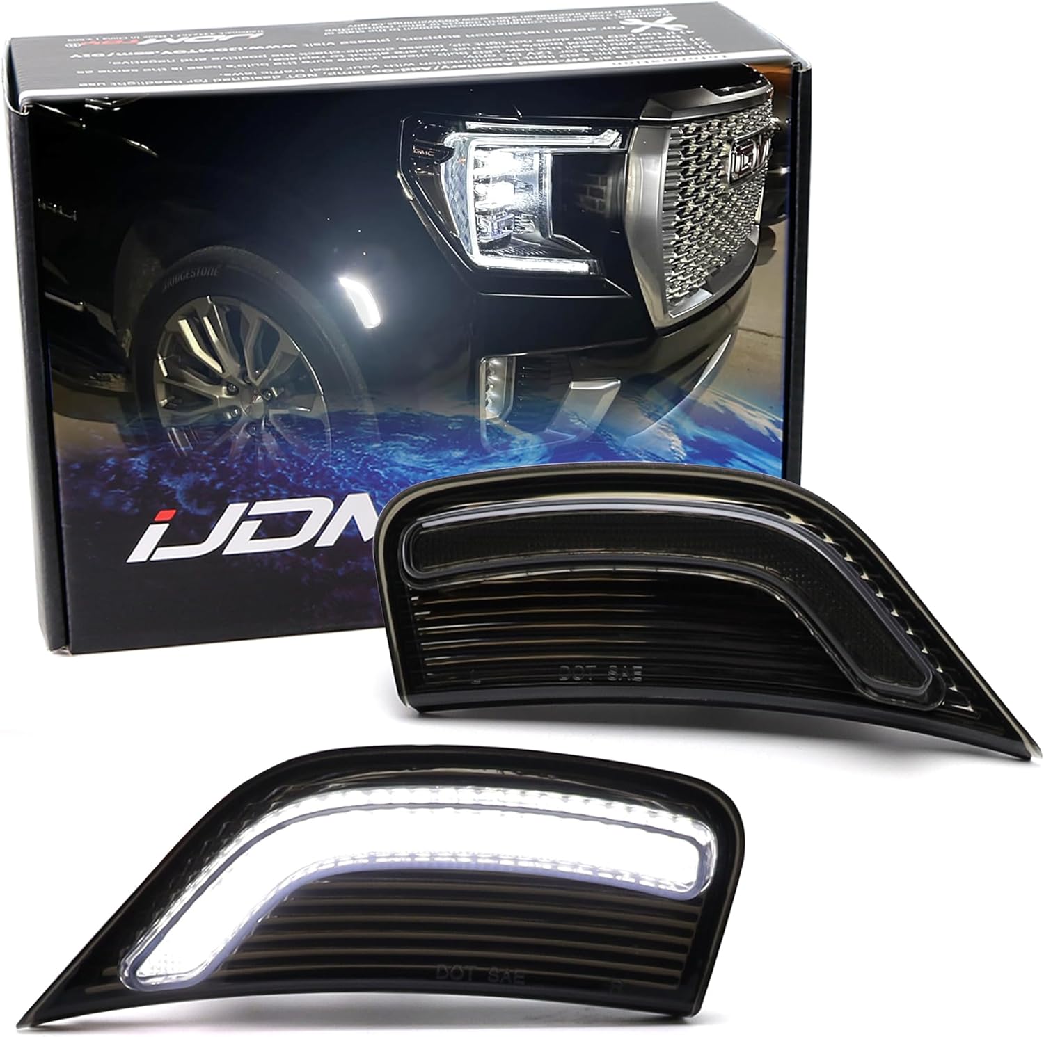 iJDMTOY Black-Out Smoked Lens Bold Arch Design White Full LED Front Side Marker Light Kit Compatible With 2021-2024 Chevy Suburban/Tahoe, GMC Yukon Denali XL, Cadillac Escalade