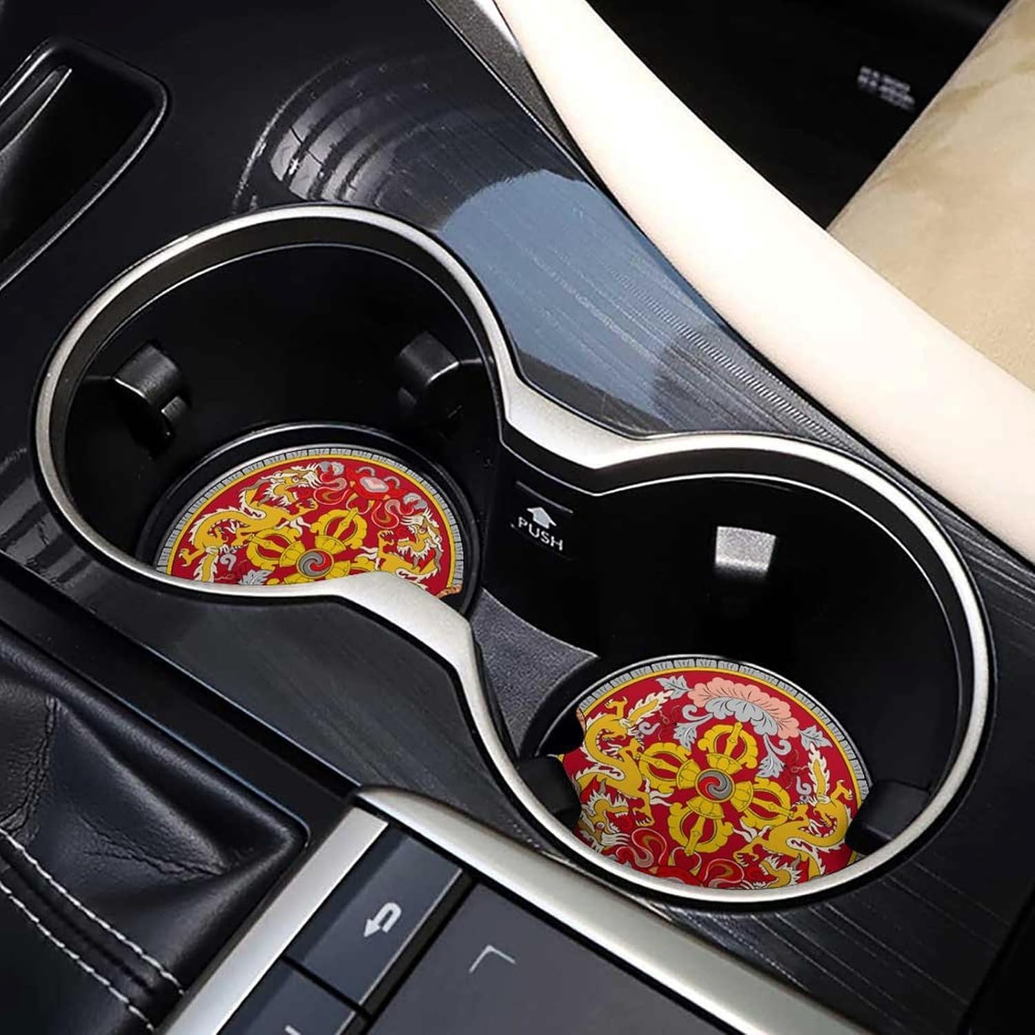 Emblem of Bhutans Cute Car Coasters 2.56 Inch Absorbent Cup Holder for Drinks Auto Interior Accessories