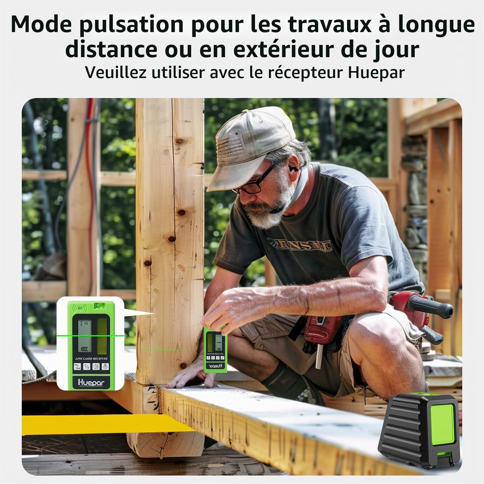 Huepar BOX-1G Niveau Laser Croix Vert, Commutable Ligne Laser Auto-nivellement avec Mode Pulsé Extérieur, H130°/ V150°Angle de couverture, Distance de Travail 25m, Base Magnétique Incluse