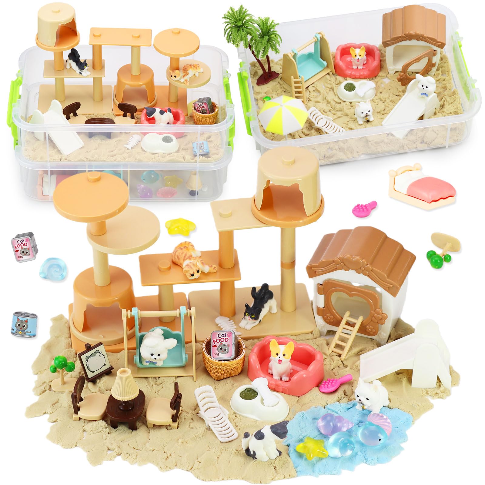 VBACALA Magic Sand Set avec Bac à Sable à 2 Étages,500g de Sable Magique,Figurines de Chiens et Chats,Jouets Sensoriels pour Enfants 3+ Ans,Jeux Créatifs avec Sable,Cadeau pour Garçons et Filles