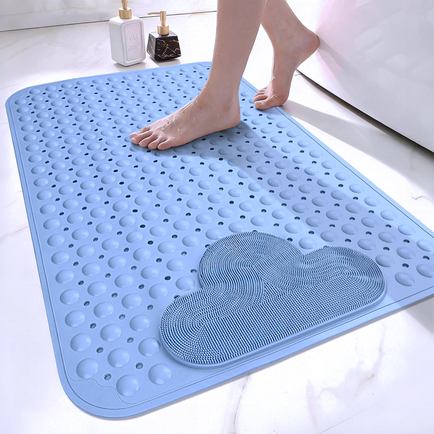 Tappetino da doccia antiscivolo 60 x 90 cm, grande tappetino da doccia in TPE, tappetino da bagno con ventose e fori di drenaggio, tappetino da bagno massaggiante per i piedi, morbido al tatto (blu)