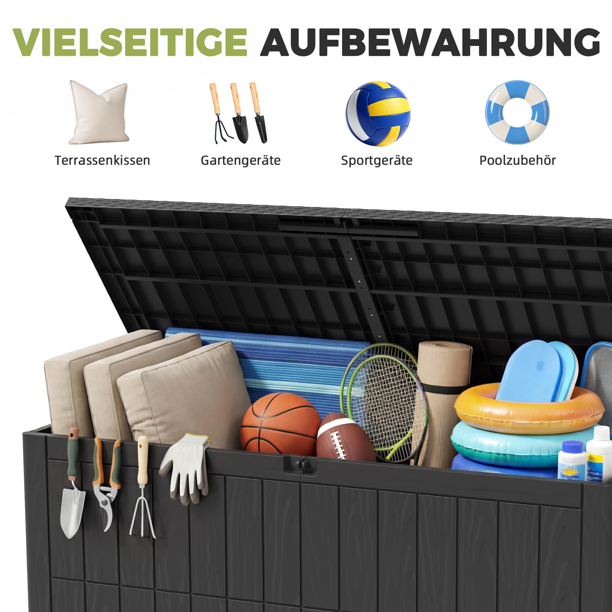 UDPATIO Baule da Giardino Impermeabile 450L, Box Contenitore da Esterno con Molla a Gas, Cassapanca Portacuscini in Plastica per Attrezzi e Accessori Piscina - Antracite