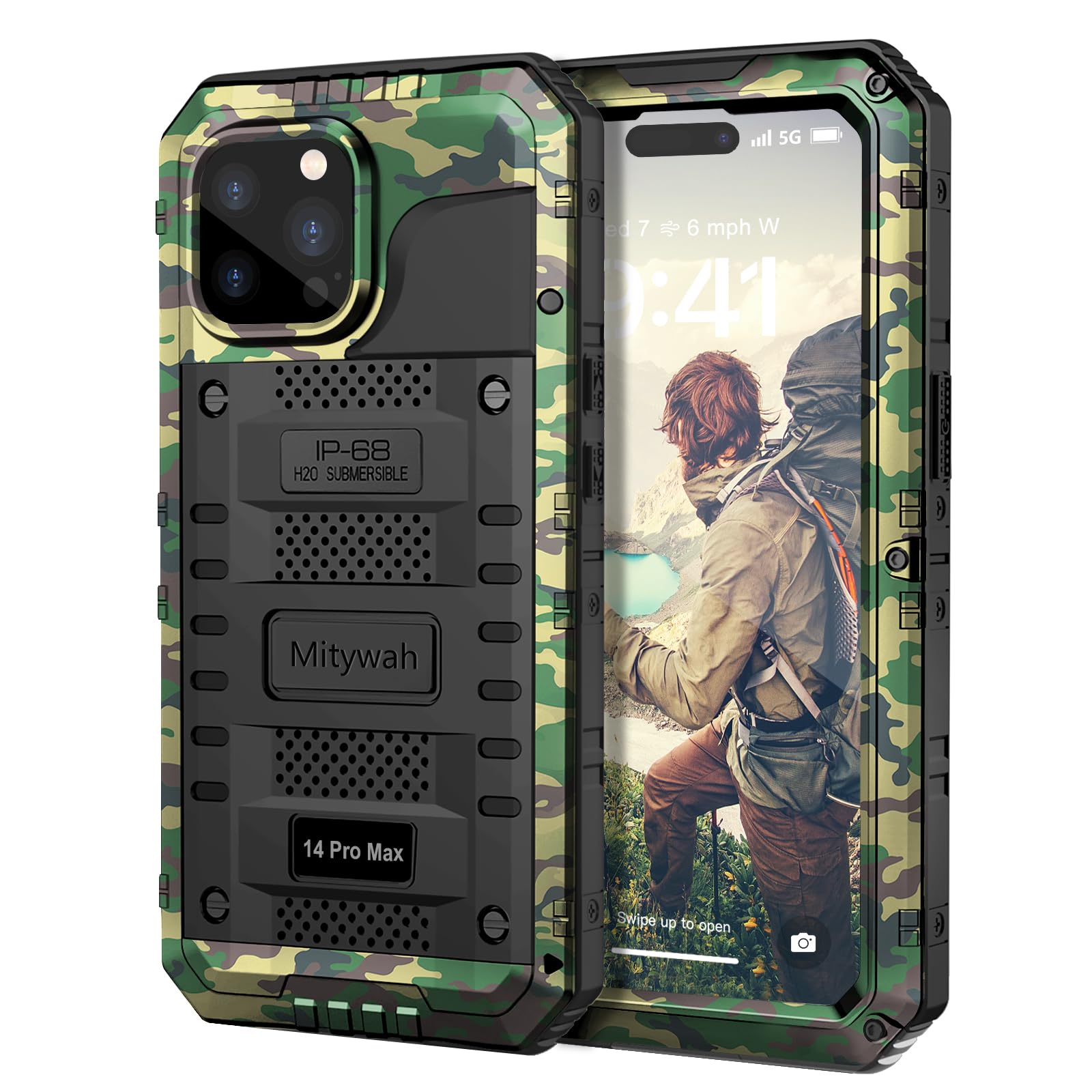 Mitywah Waterproof Case for iPhone 14 Pro Max, Heavy Duty Shockproof Case with Built-in Screen Protector, Full Body Underwater Protective Metal Case