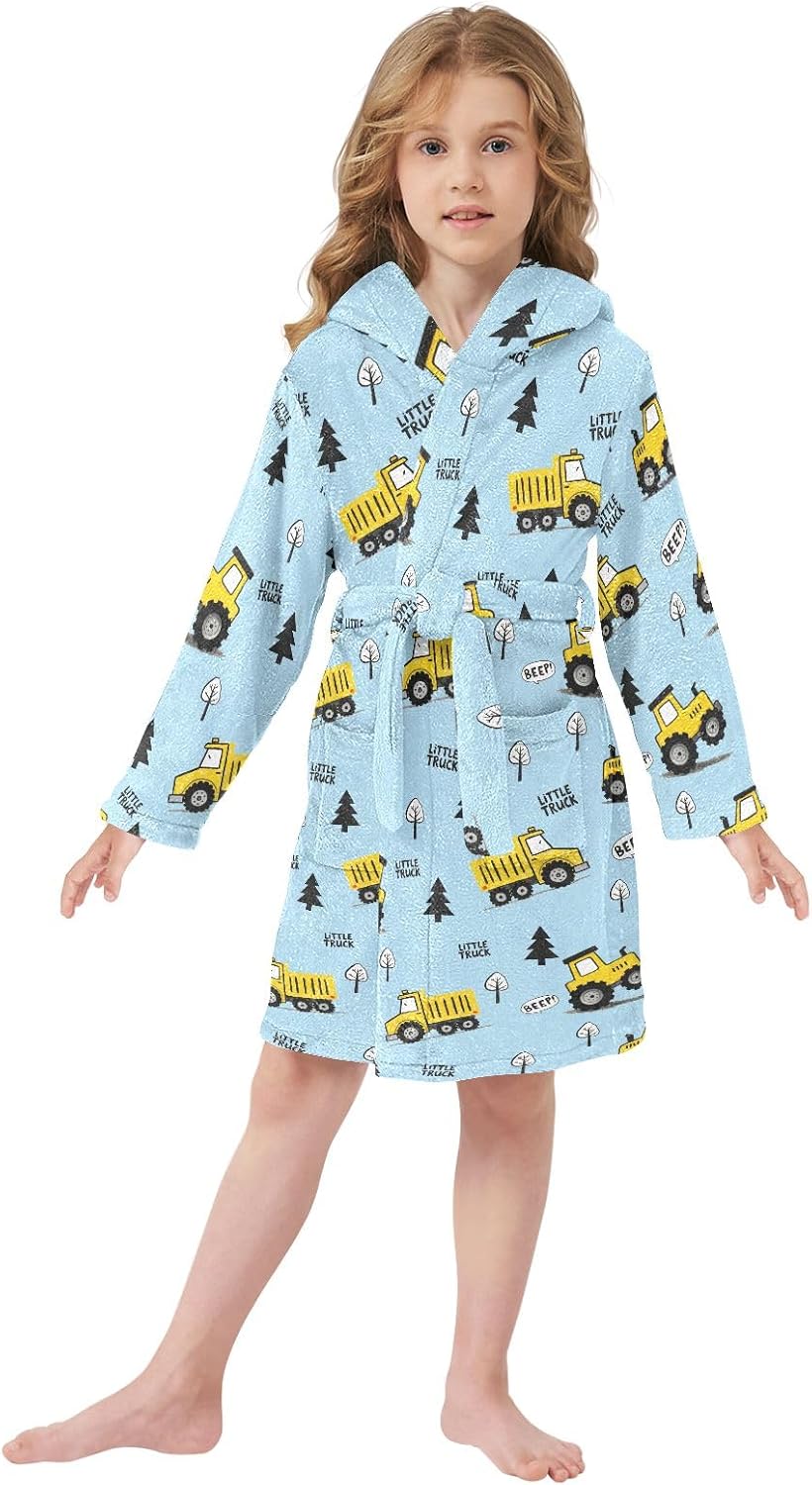 Cute Bluetruck Cartoon Pattern Toddler Hooded Bathrobe for Boys Girls Soft Plush Bath Towel Robe 2-12 Years
