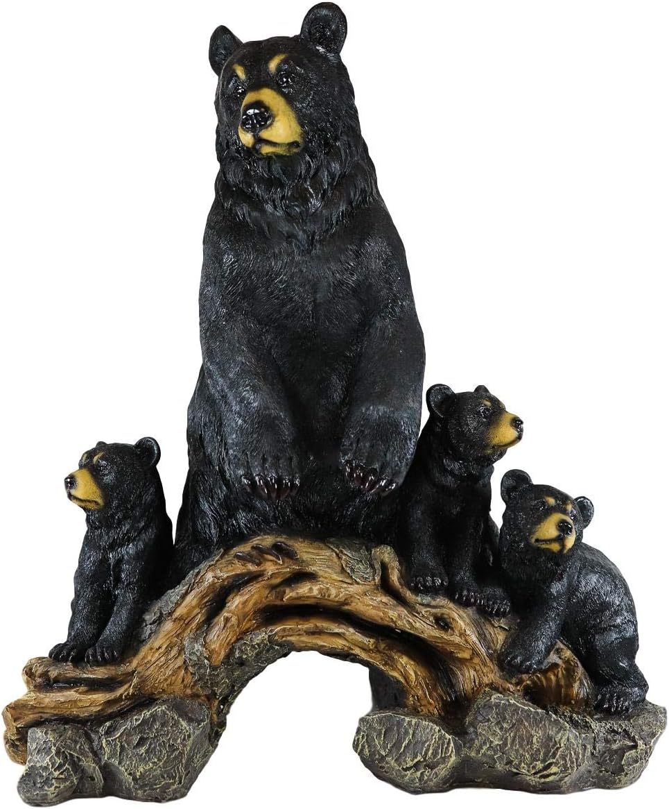 Ebros Large Realistic Rustic Forest Protective Mother Black Bear with 3 Cubs Standing On Wooden Log Bridge Statue 17.25" High Family Bears Western Cabin Lodge Decor Figurine As Garden Patio and Home