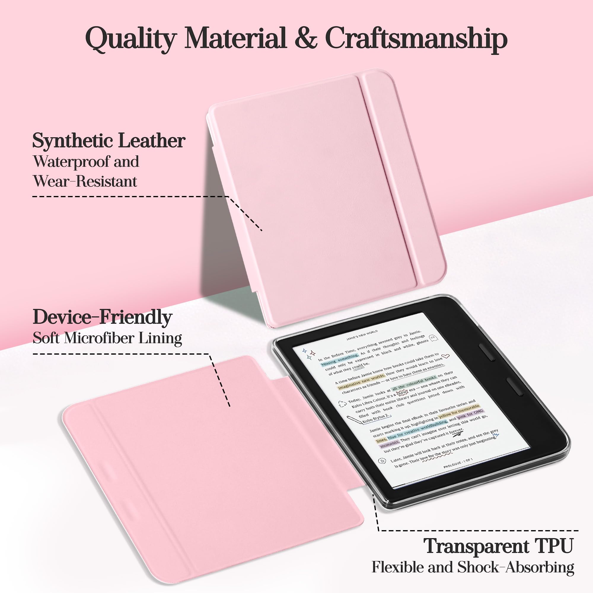 Magnetische abnehmbare Hülle für Kobo Libra Color (2024), schlanke PU-Lederhülle und ultraklare TPU-Rückseite mit automatischer Wake/Sleep-Funktion, Rosa