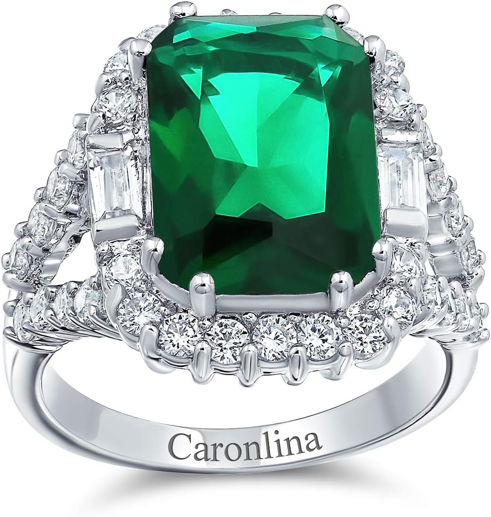 Bling Jewelry 7CT Cubic Zirconia CZ Pave Rectangle Green Simulated Emerald Cut Statement Fashion Ring For Women Silver Plated Brass
