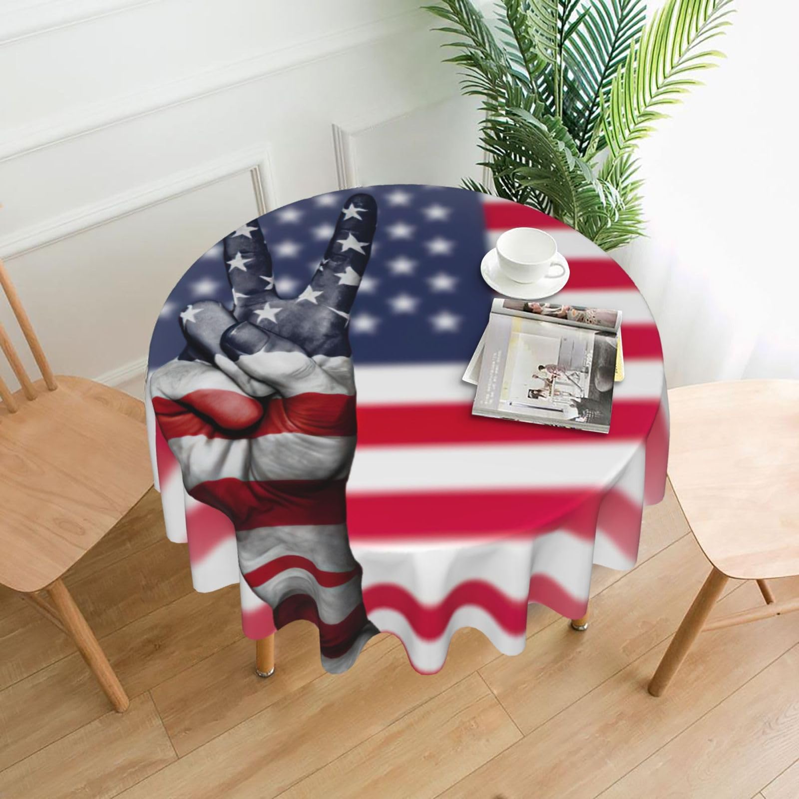 VCzsdff America Flag and Hippie Peace Print Stain Resistant Round Tablecloth 60in Family Friendly Polyester Cloth for Kids Meals