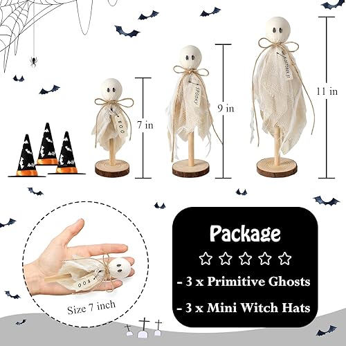 Miniatura 4 de Decoraciones de Halloween para interiores, 3 piezas de fantasmas primitivos de Halloween con sombrero de bruja, murciélago en soporte de madera