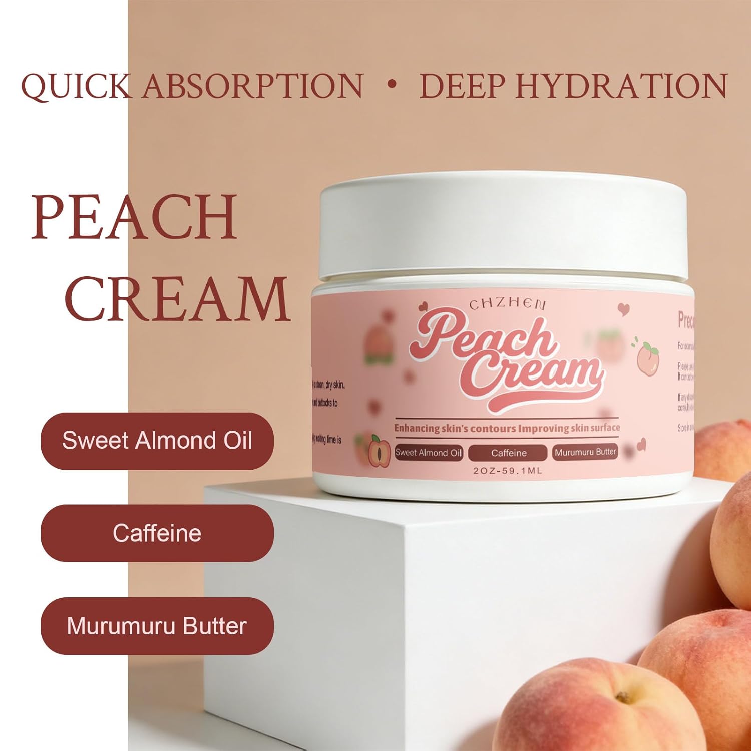 Peach Body Cream - Toning & Hydrating Body Cream for Thighs, Arms, Stomach, Buttocks - Lightweight, Fast-Absorbing Formula with Cupuacu Butter & Hyaluronic Acid - 2 oz (1)