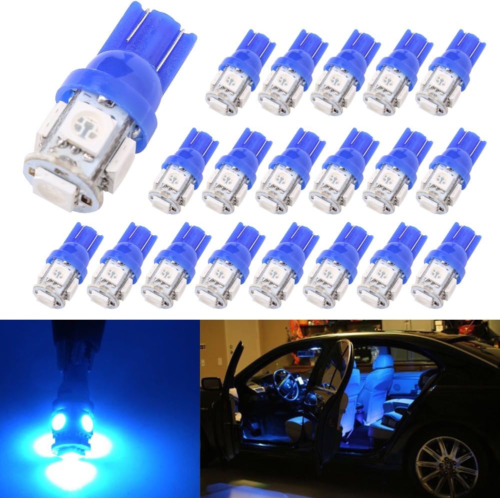 194 T10 W5W 5SMD 5050 Trisense 12v LED Light Bulb Blue 2825 158 192 168 for Car/Motor Interior Dome Parking Side Turn Signal Dashboard License Number Plate Light Bulbs Lamp (pack of 20)