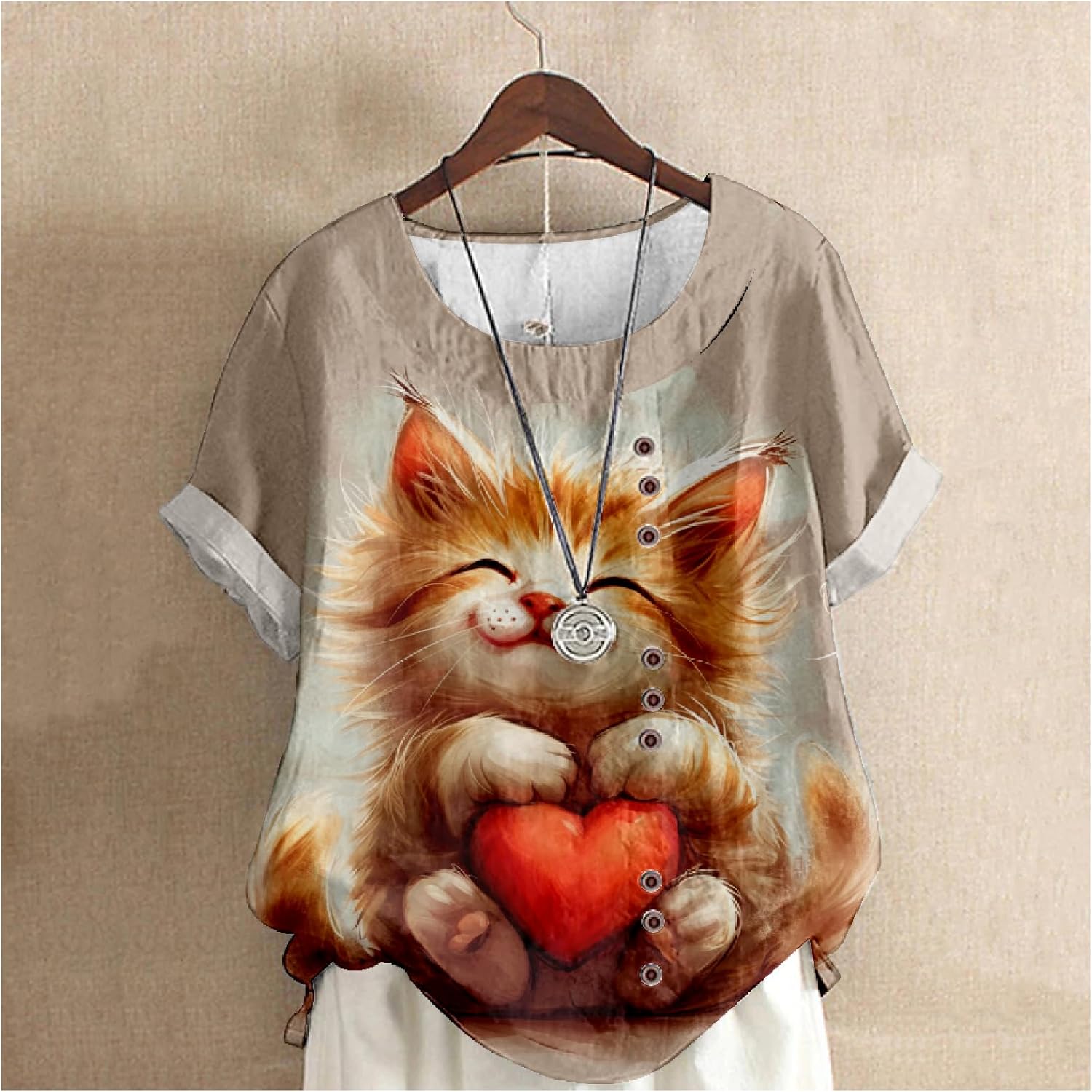 Cat Shirts for Women Loose Fit Short Sleeve Crewneck 2024 Summer Beach Boho Hide Belly Vintage Dressy Tops - Image 2