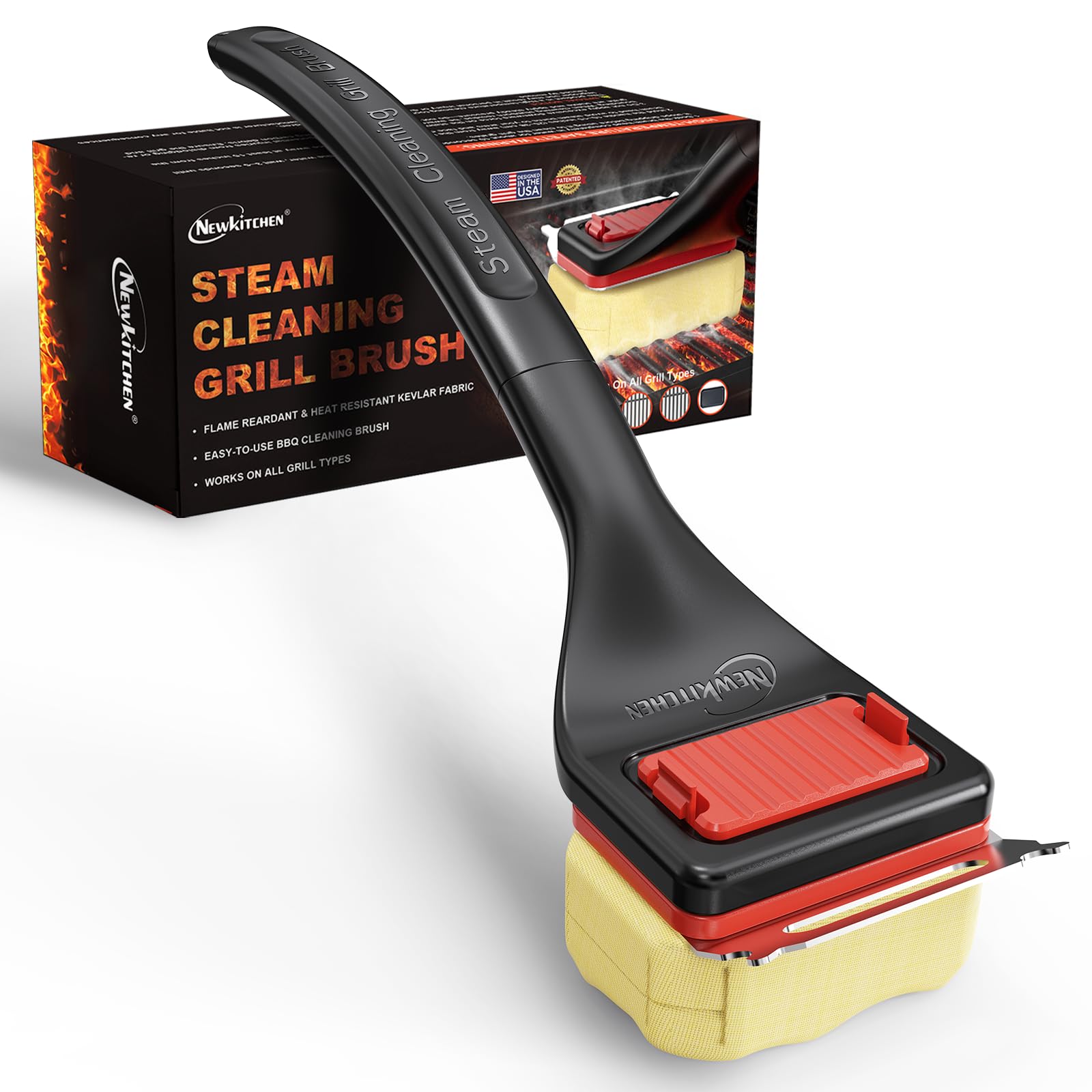 NEWKITCHEN Bristle Free Grill Brush with Scraper, Safe Steam Clean BBQ Grill Cleaner, Long Handle Replaceable Head Grill Cleaning Brush for Outdoor Grill