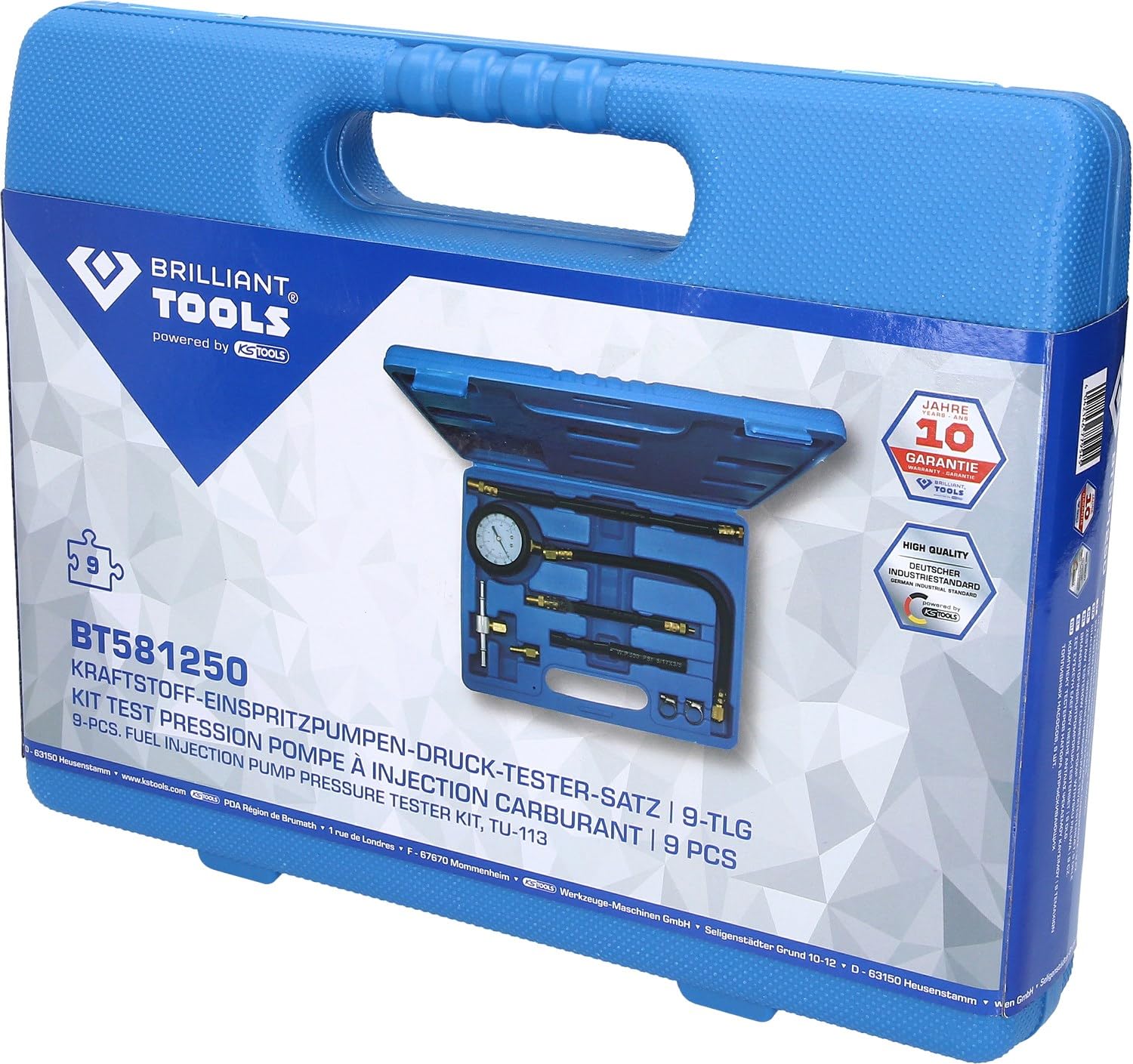 BRILLIANT TOOLS BT581250 Kit tester pressione pompa d'iniezione carburante, 9 pz [Powered by KS TOOLS]