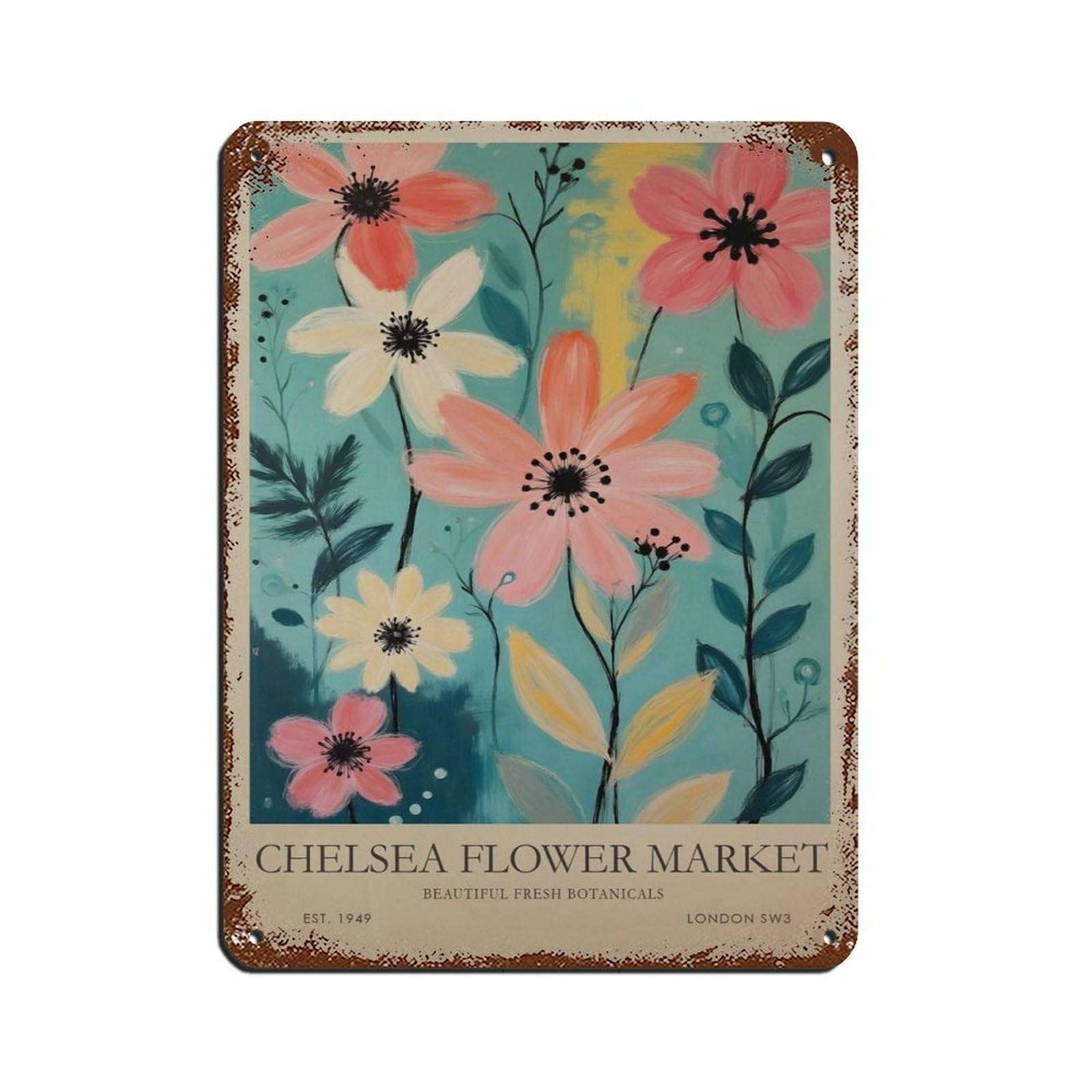 Chelsea Flower Market,pink And Blue Botanical Art Retro Poster Metal Tin Sign Chic Art Retro Iron Painting Bar People Cave Cafe Family Garage Poster Wall Decoration 12x16inch(30x40cm)
