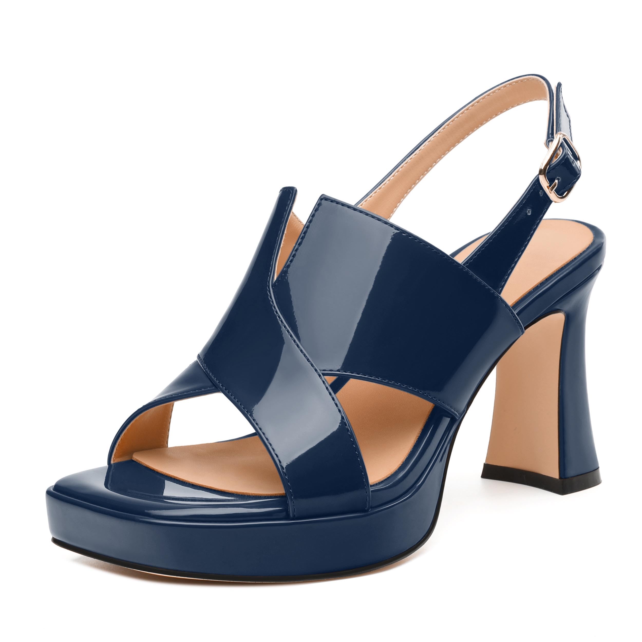 HeySoleModa Womens Platform Ankle Strap Sandals, Square Toe Chunky Heel Leather Insole Sandals for Women, Block Heel Strappy Sandals with Buckle 3.3"