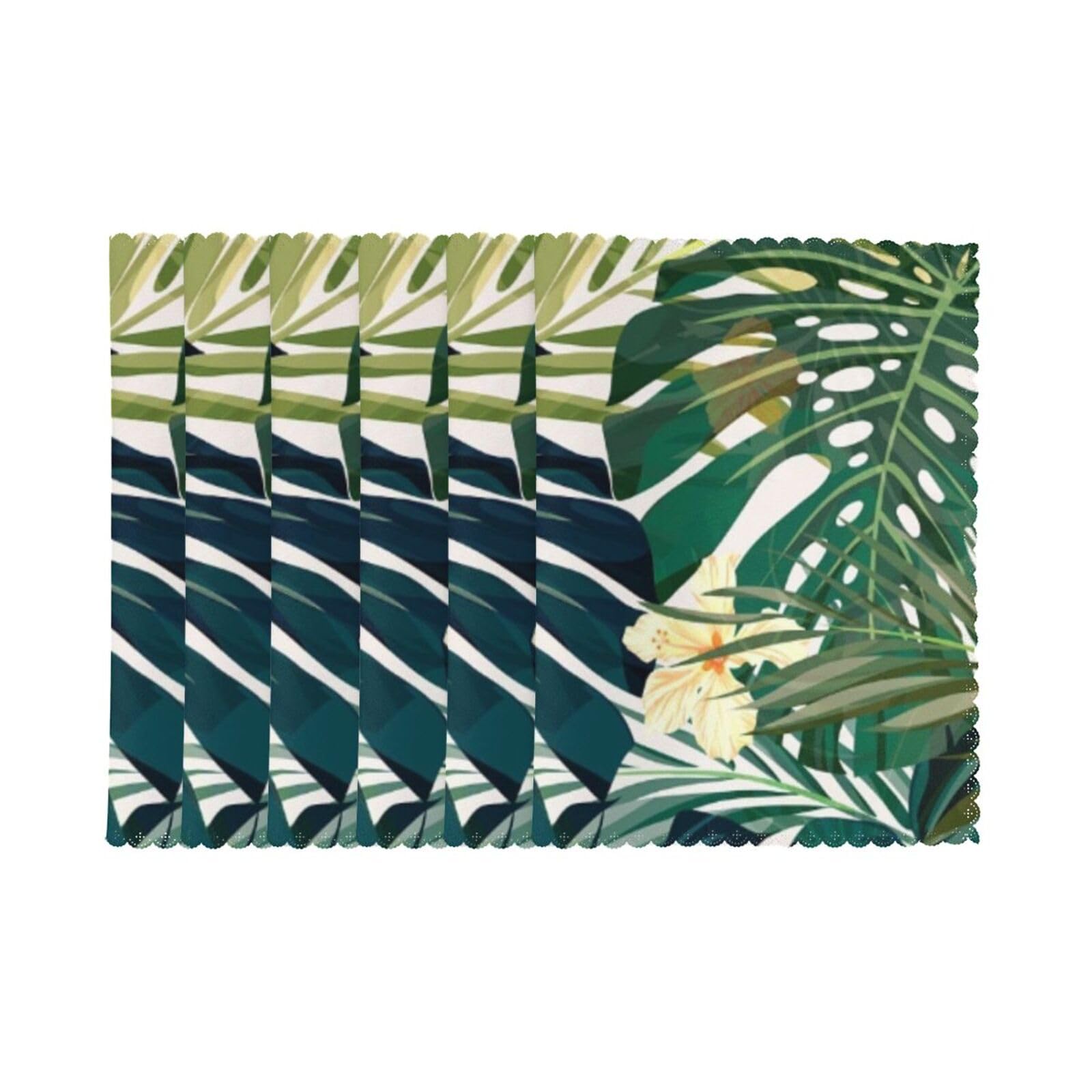 6 PCS Heat Resistant Placemat 45x30 CM, Tropical Summer Hawaiian Flower Palm Leaves Printed Non-Slip Place Mats for Kitchen Dining Table Indoor Outdoor